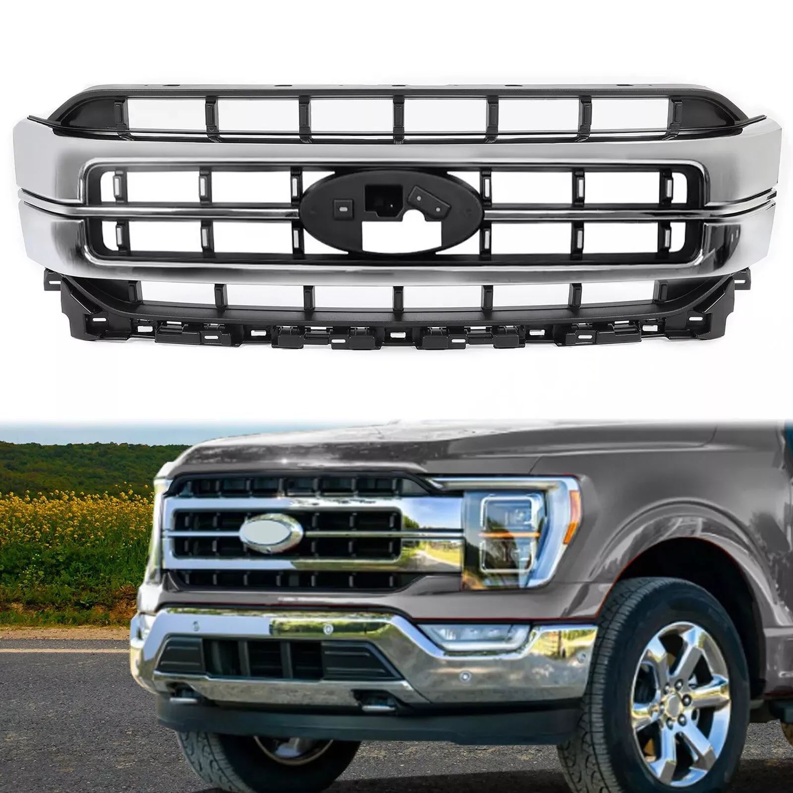 For Ford F150 F-150 Lariat 2021 2022 2023 Chrome Front Upper Grille ABS Grill