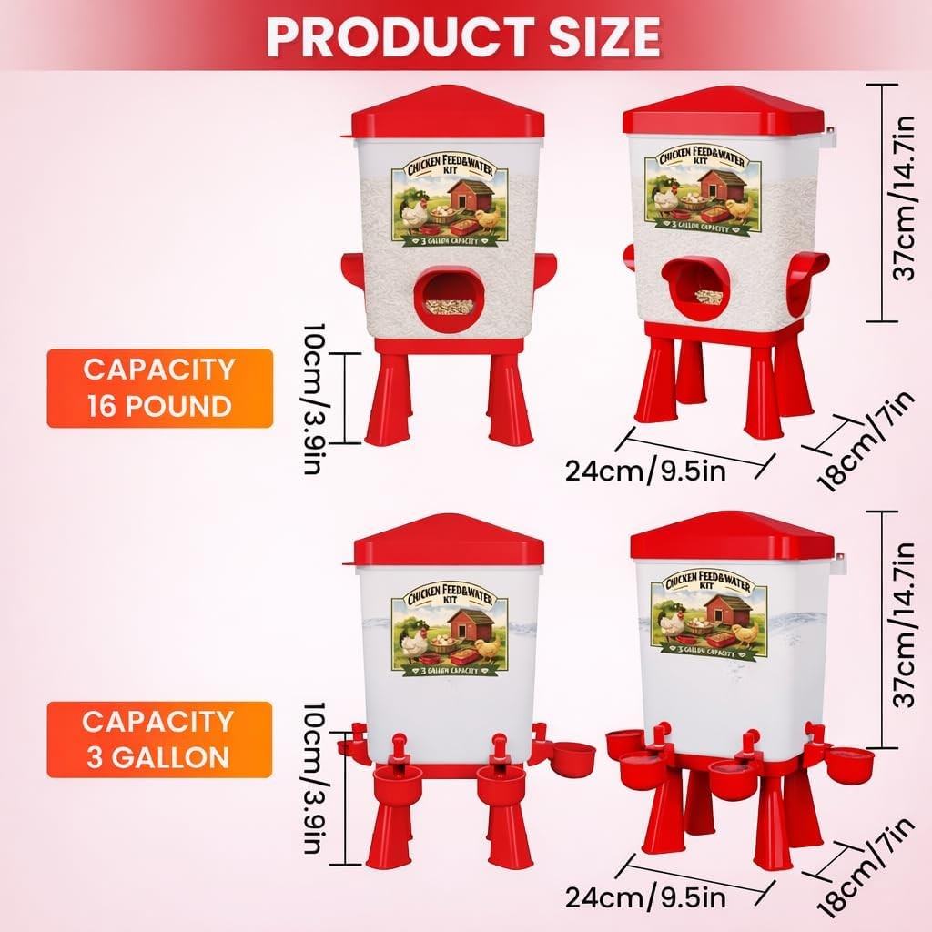 Chicken Feeder and Waterer Set, 3 Gallon/16 LB Automatic Poultry Feeding System
