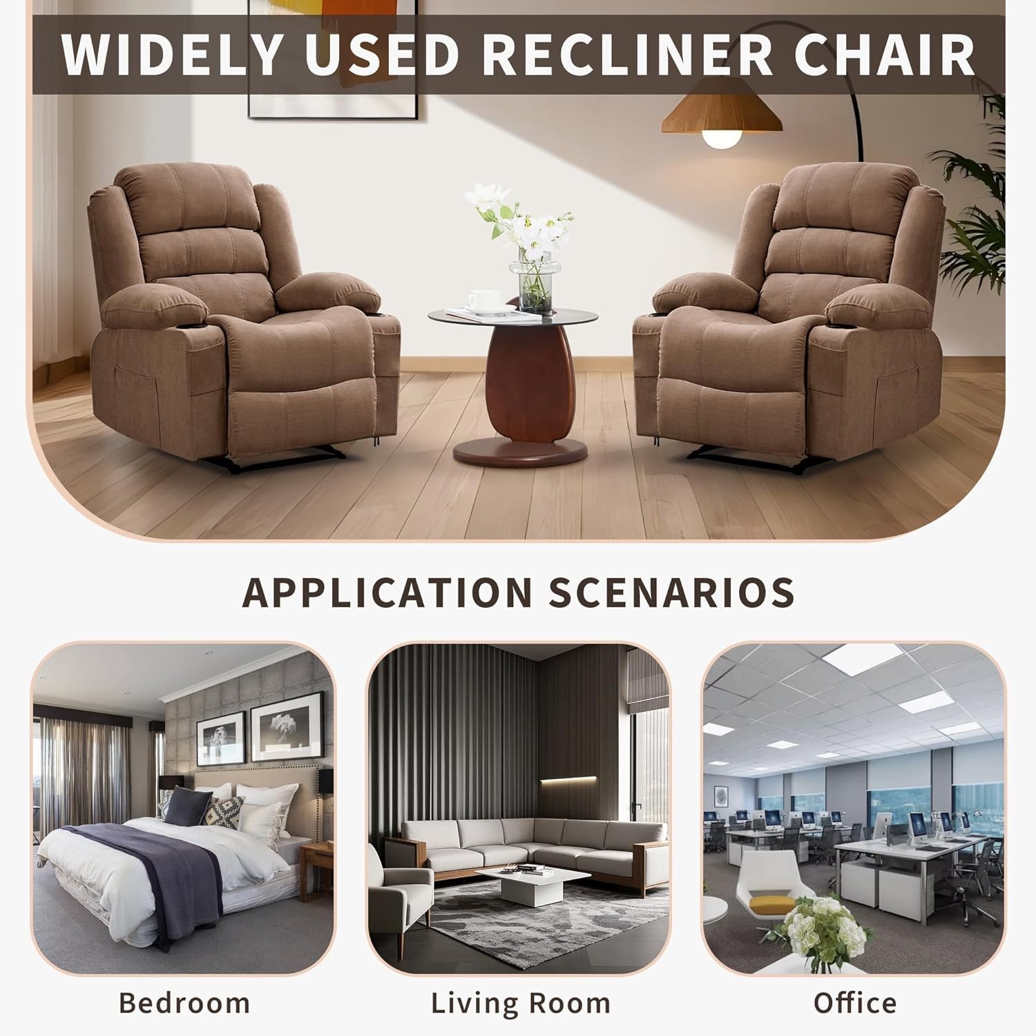 Recliner with Cup Holders & Storage Pockets, Brown Chair Ideal for Home Theater