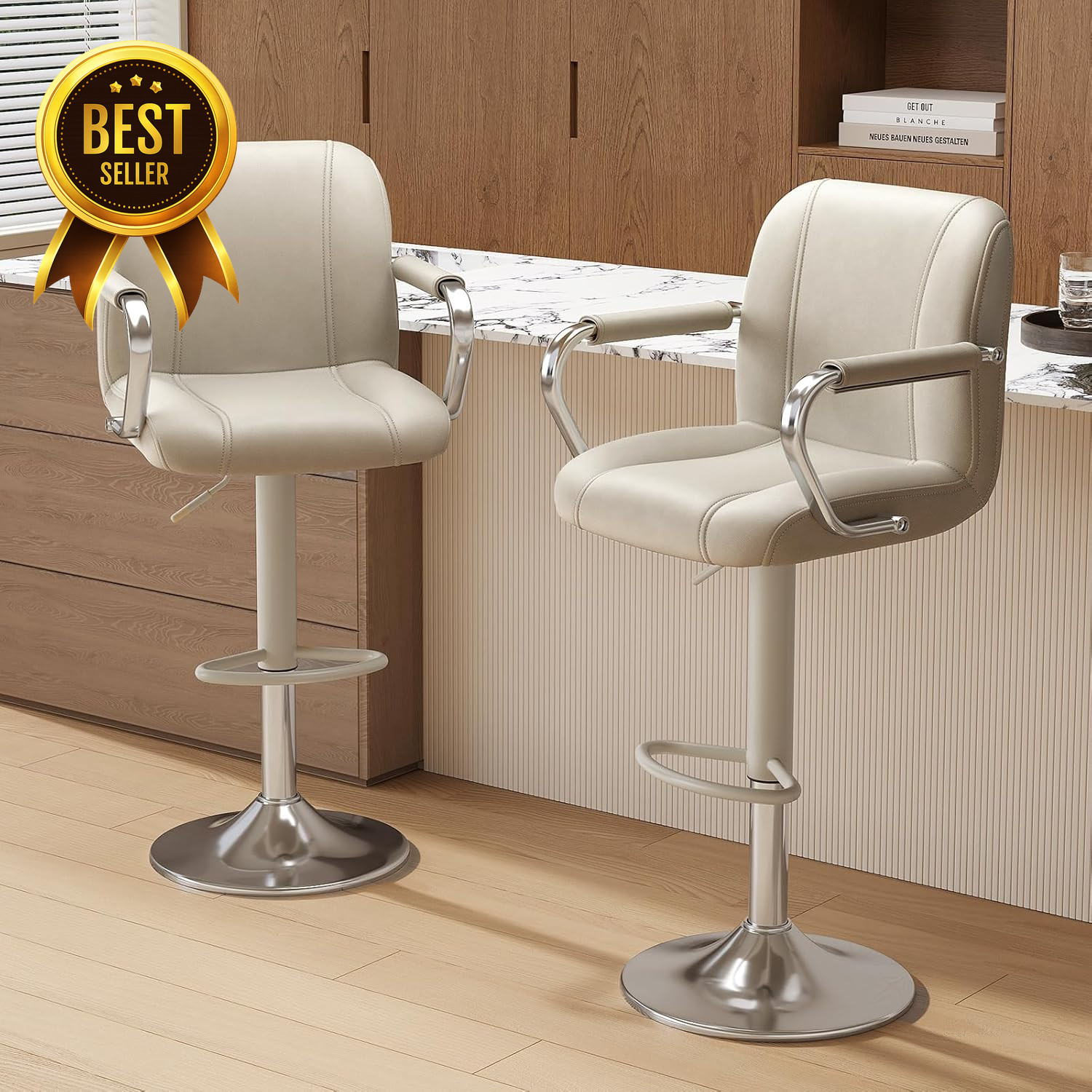 Set of 2 Adjustable Swivel Counter Chairs Beige Kitchen Island Bar Stools