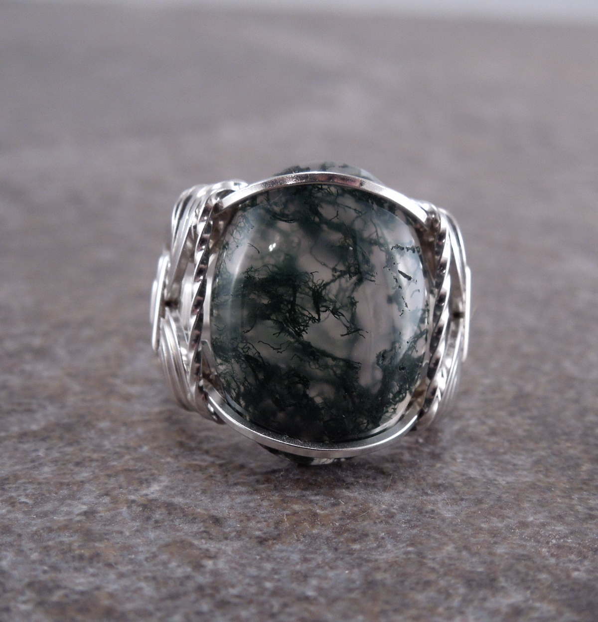 Sterling Silver Moss Agate Cabochon Wire Wrapped Ring