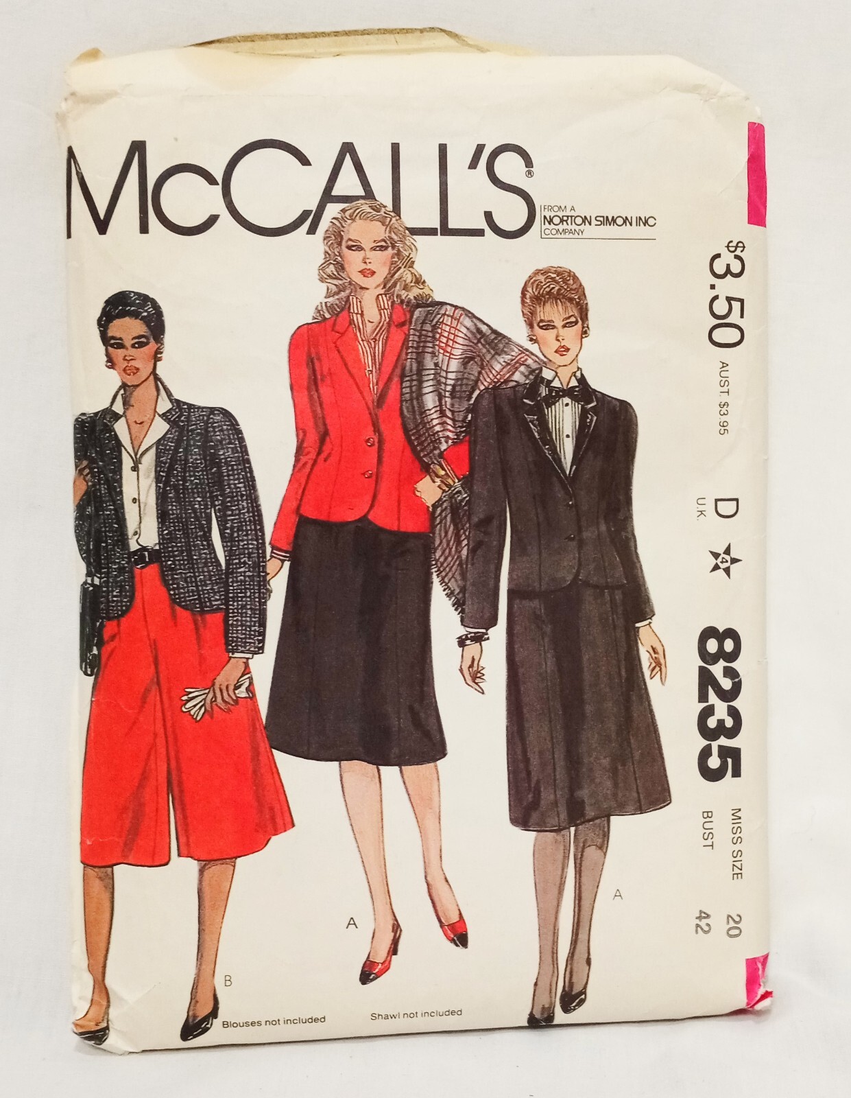 Misses Jacket Skirt Culottes Pattern Size 20 McCall's 8235 Sewing 1982 Precut