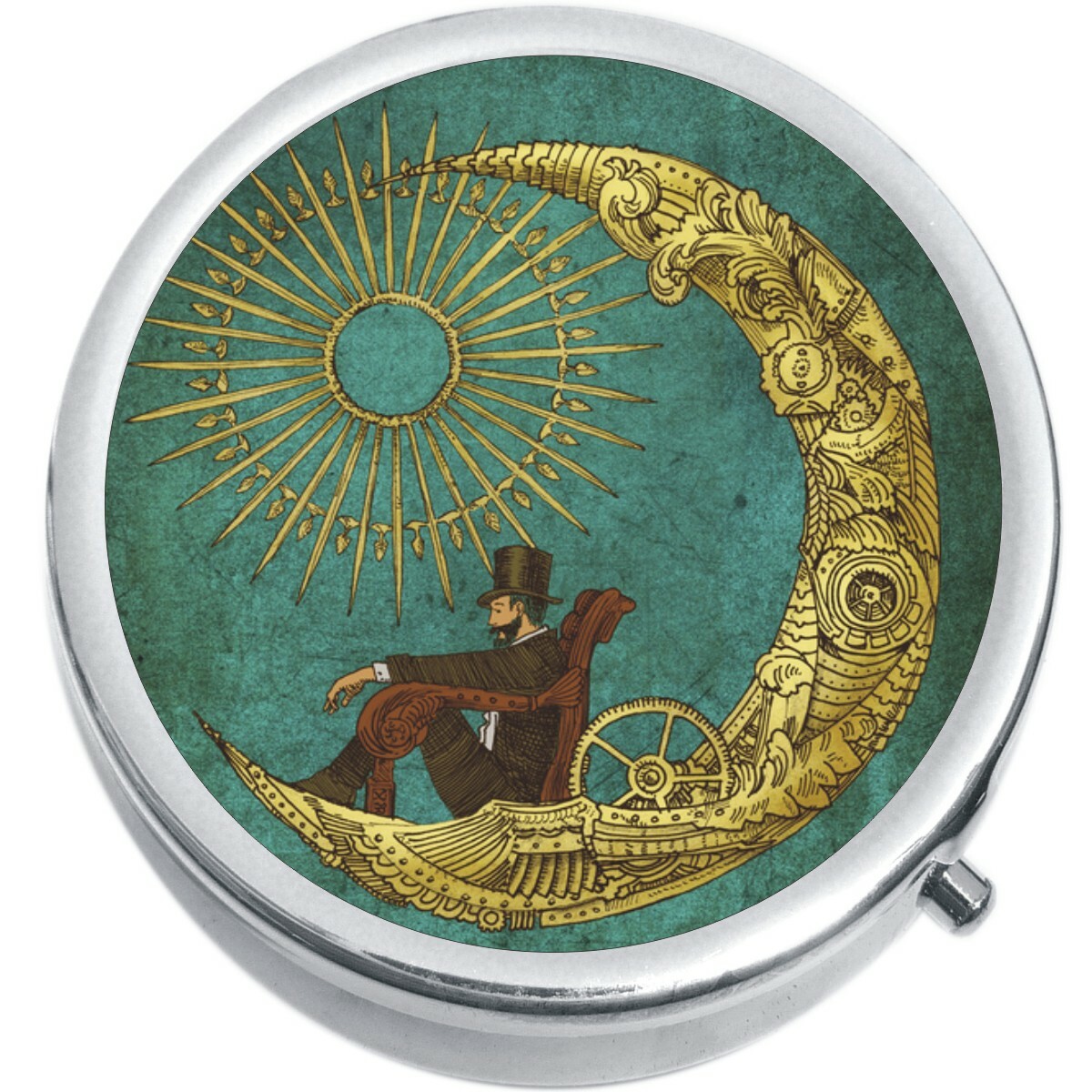 Steampunk Man On Moon Medicine Vitamin Pill Box