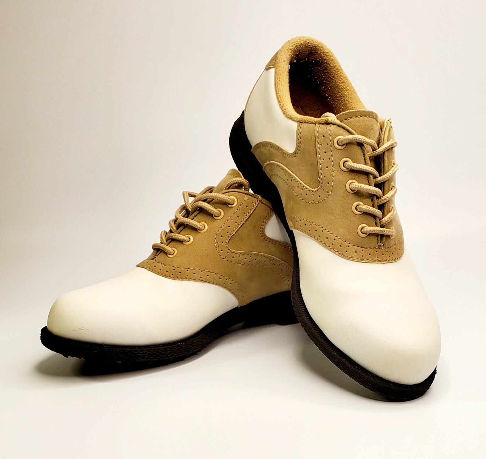 Austin Golf Shoes Boys Size 8 Birdie #JV5944 Tan /White Lace-Up Preowned