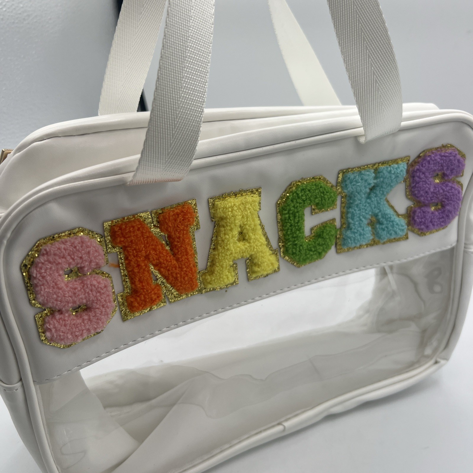 Chenille Letter Clear Snacks Bags for Travel, Preppy Patch Nylon Double Zipper