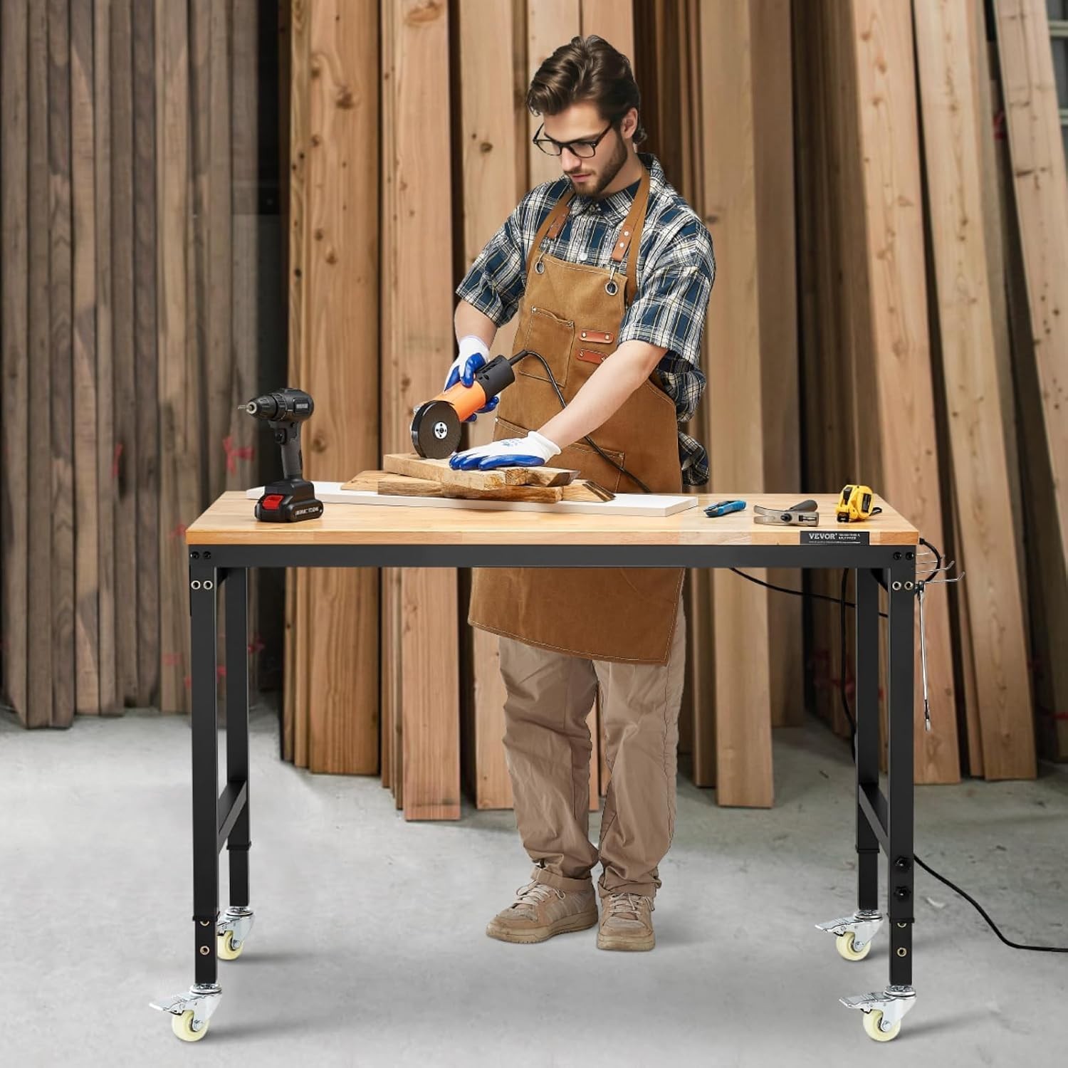 Adjustable Oak Workbench, 2000lb Load, Power Outlet, Wheels