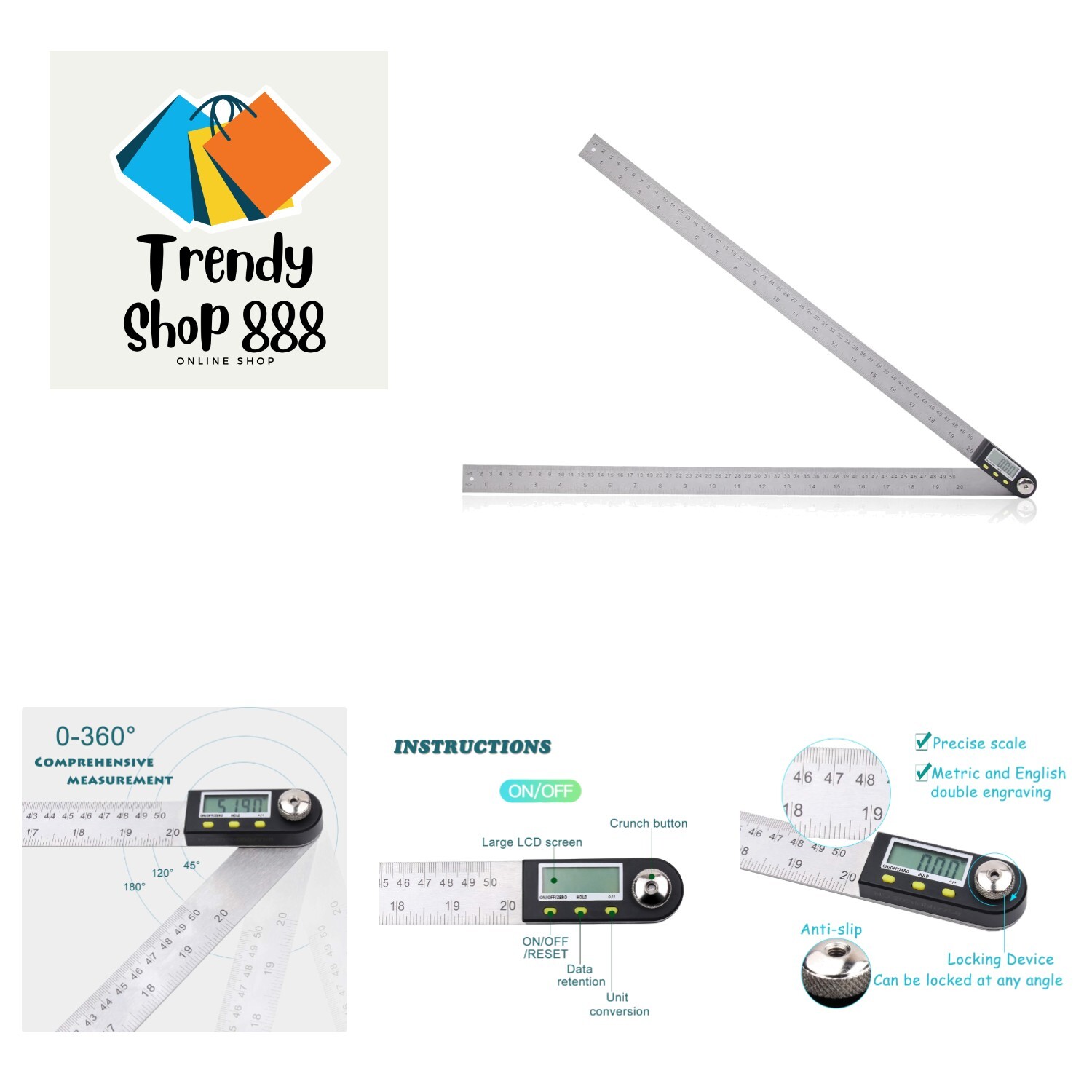 20 inch/500mm Digital Protractor Stainless Steel Digital Display Angle Ruler ...