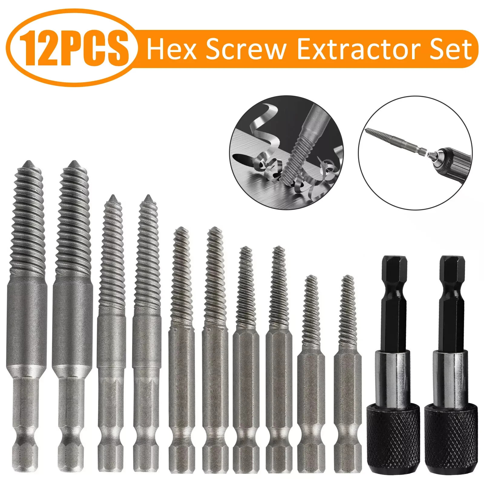 12Pcs Stud Screw Extractor Remover 1/4 Inch Hex Shank Damaged Bolt Easy Out Set