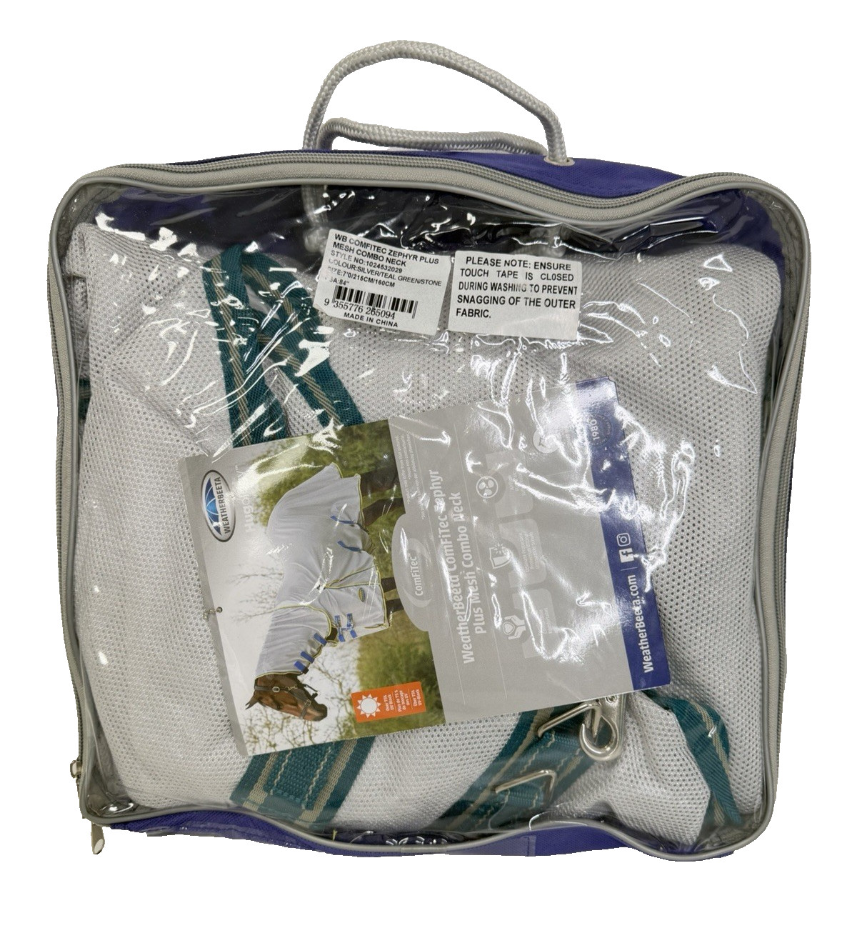 WeatherBeeta Zephyr Plus Mesh Combo Neck Fly Sheet 84” Silver Teal Belly Wrap