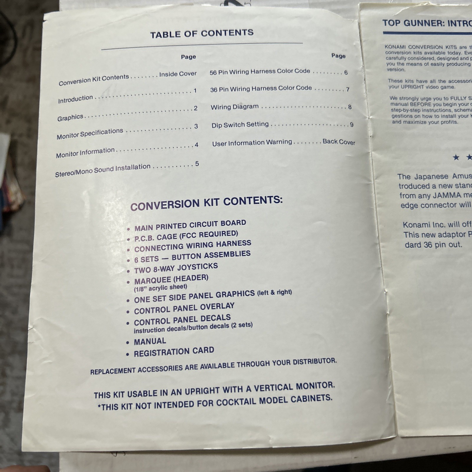 TOP GUNNER KONAMI arcade game manual