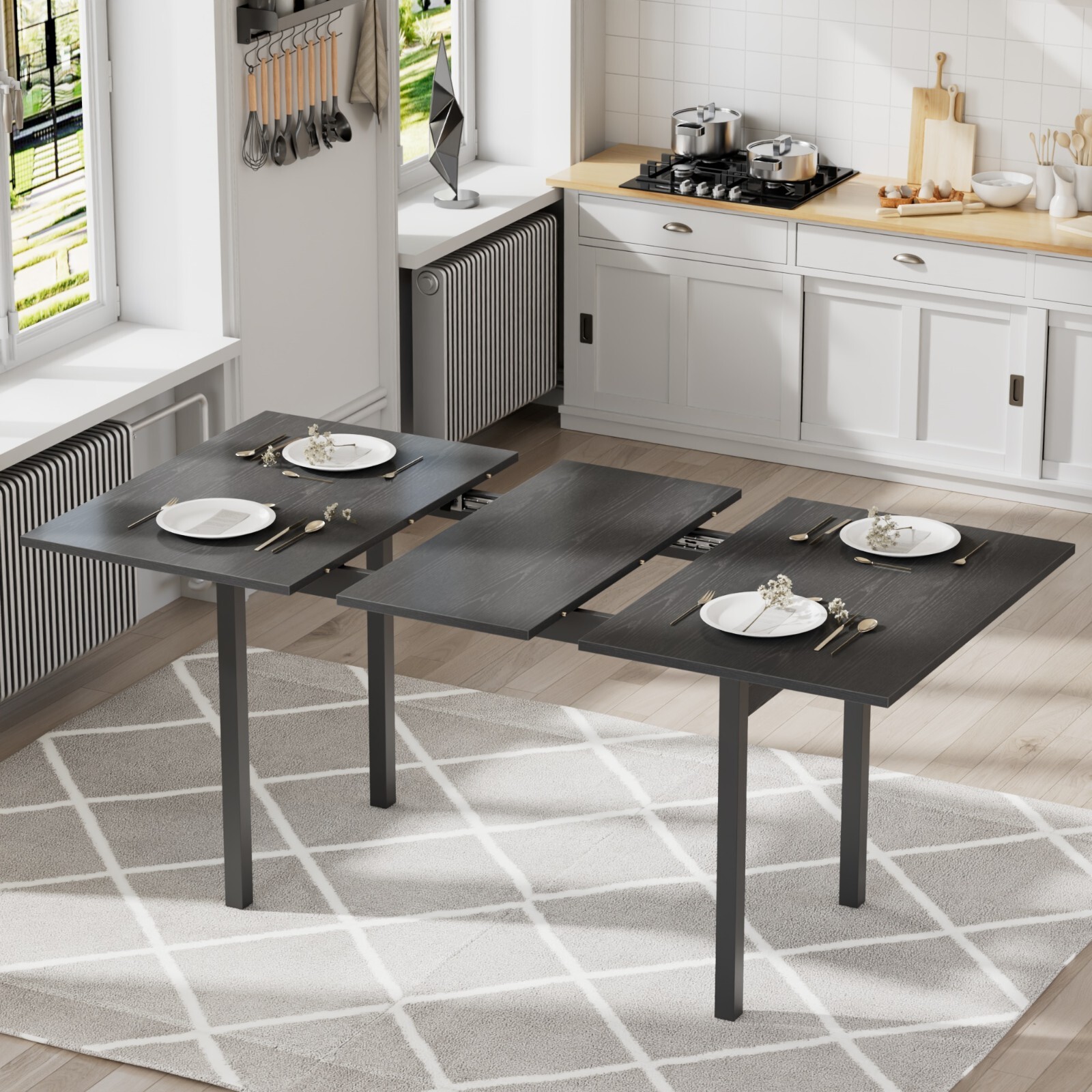 Extendable Dining Table Set with USB Charging, Kitchen Table with 6 Stools Black