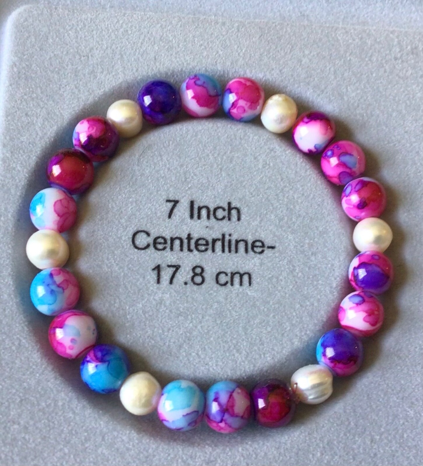 7” stretch bracelet, multicolored glass beads w/faux pearls, Made in the USA
