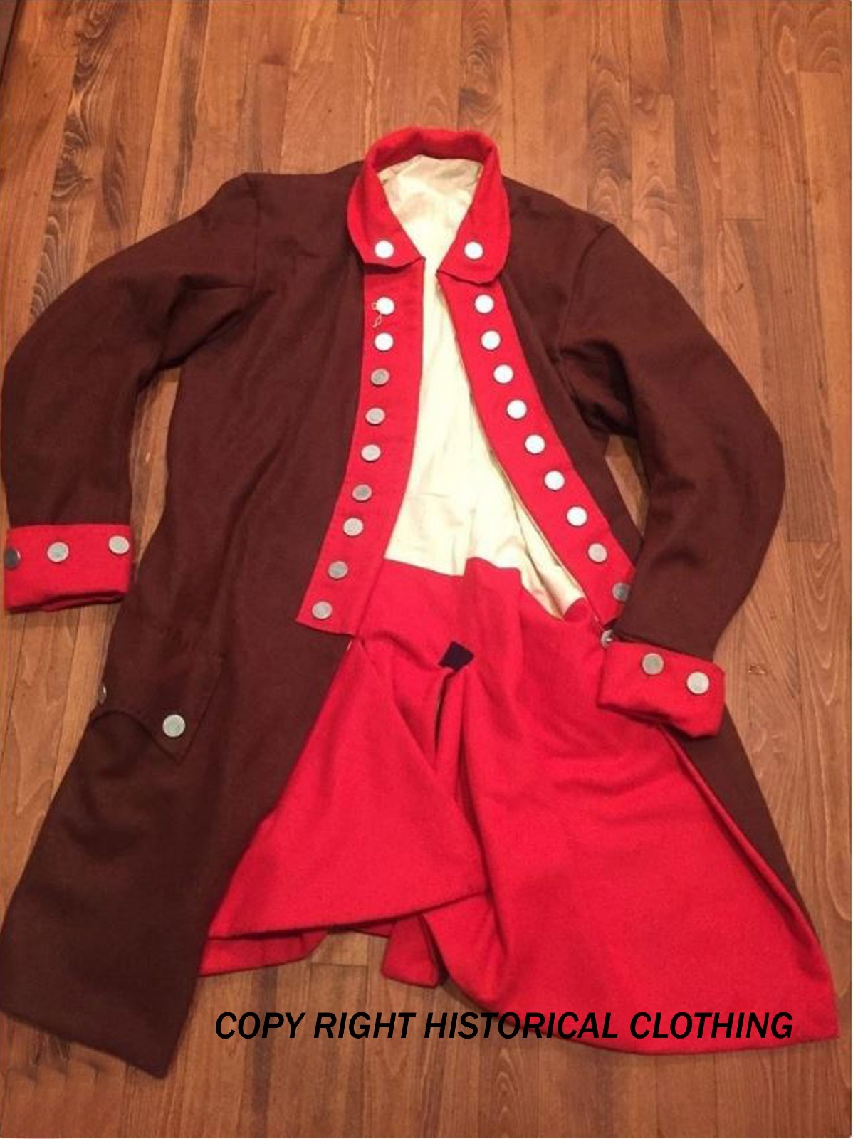 Revolutionary War Colonial Brown with Red Regimental Coat Hand Stitched