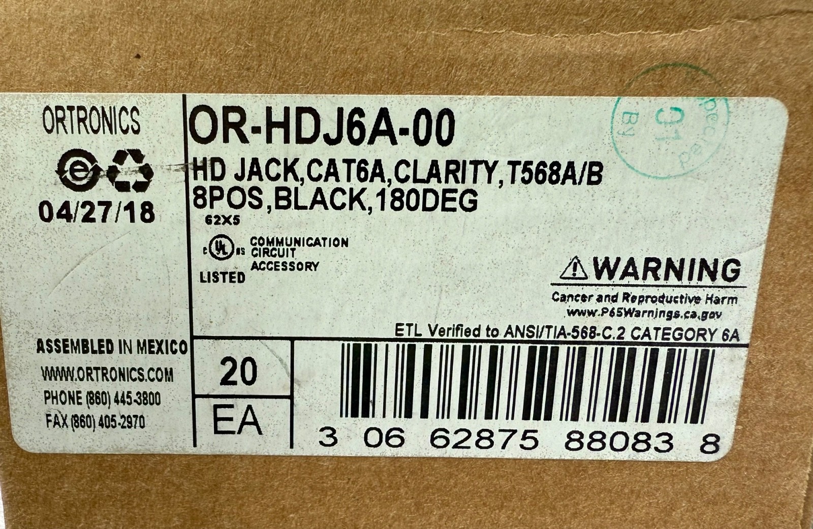 Ortronics OR-HDJ6A-00 BLACK, 180DEG Box of (16)