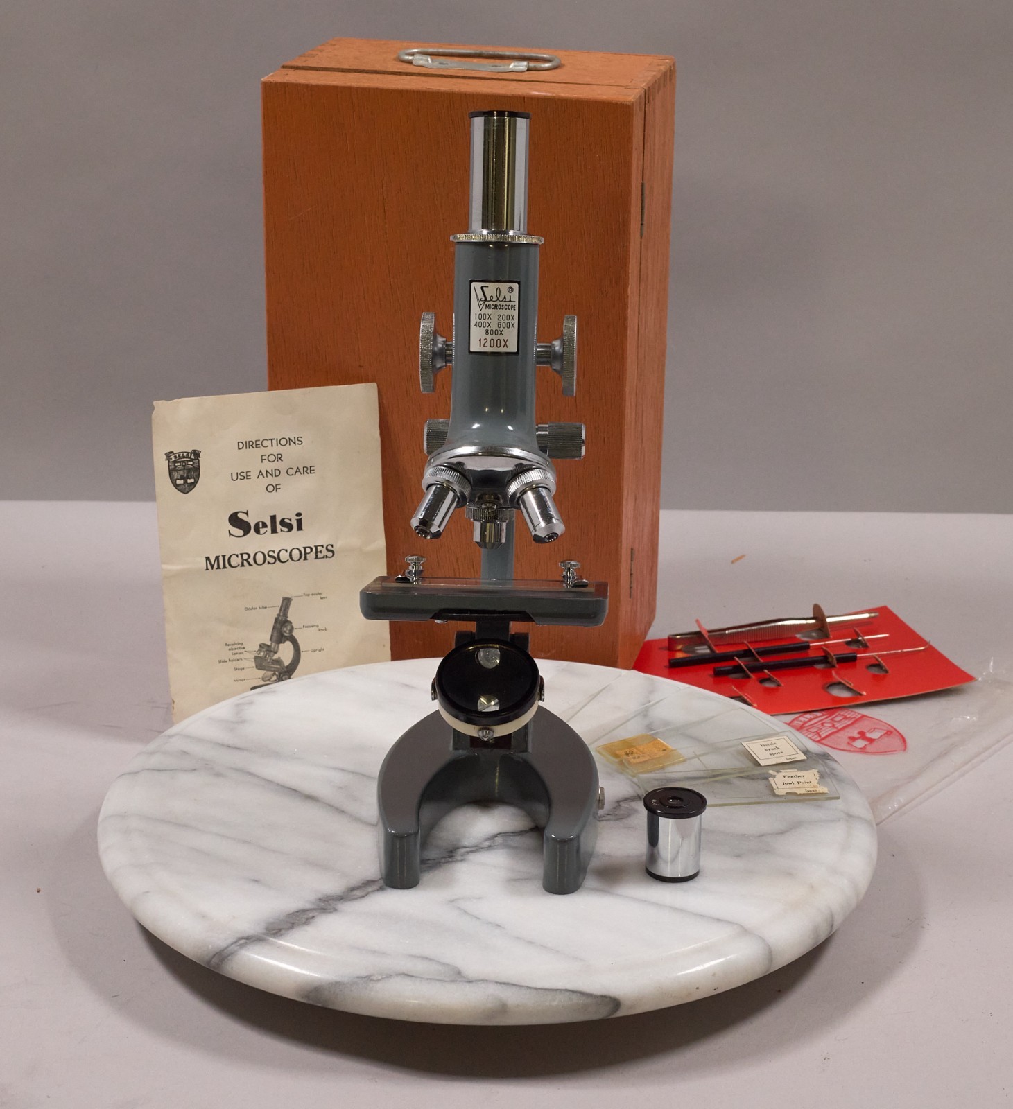 Selsi 1200x microscope with box and accessories. Immaculate condition.