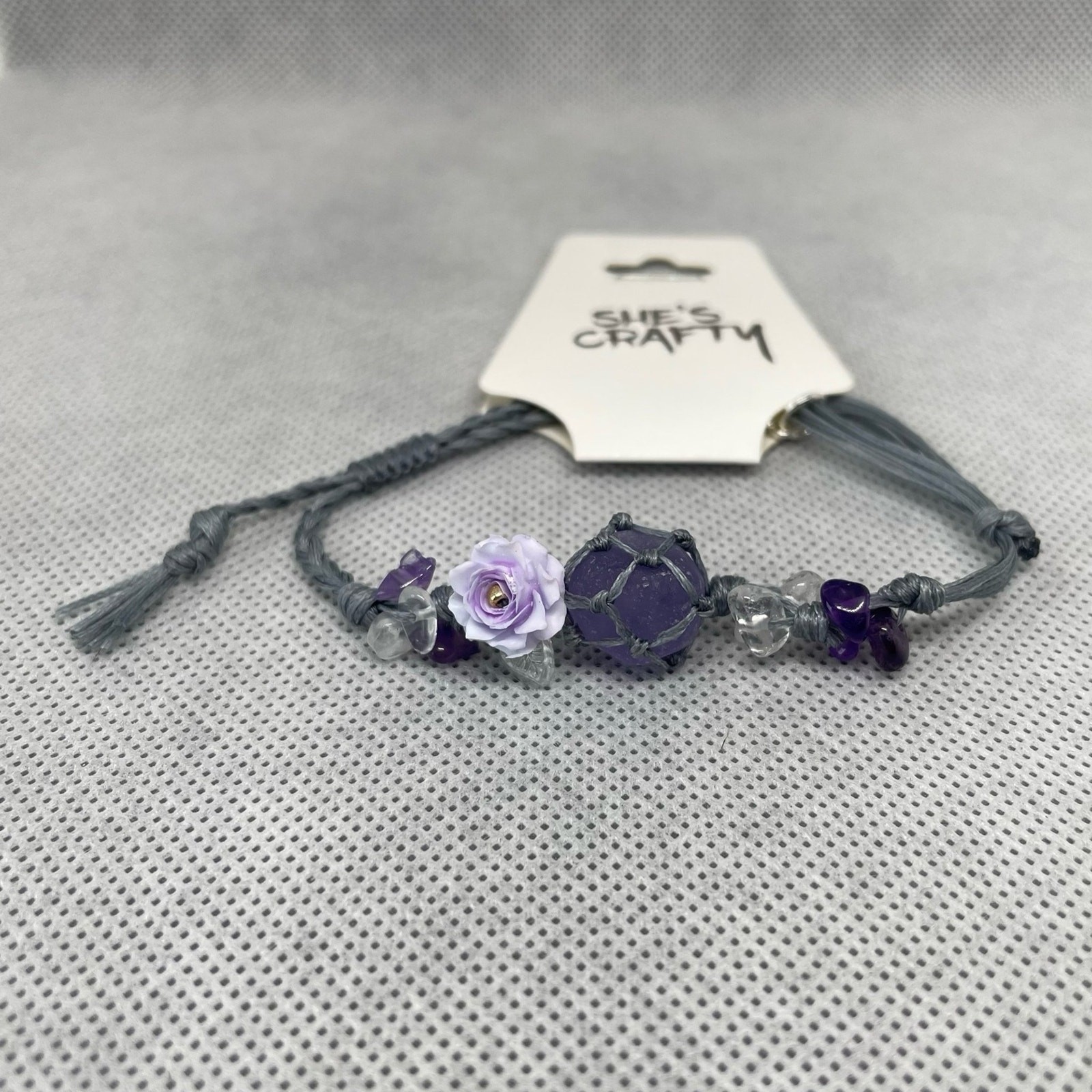 Bohemian Crystal, Floral, Waxed Linen Adjustable Bracelet