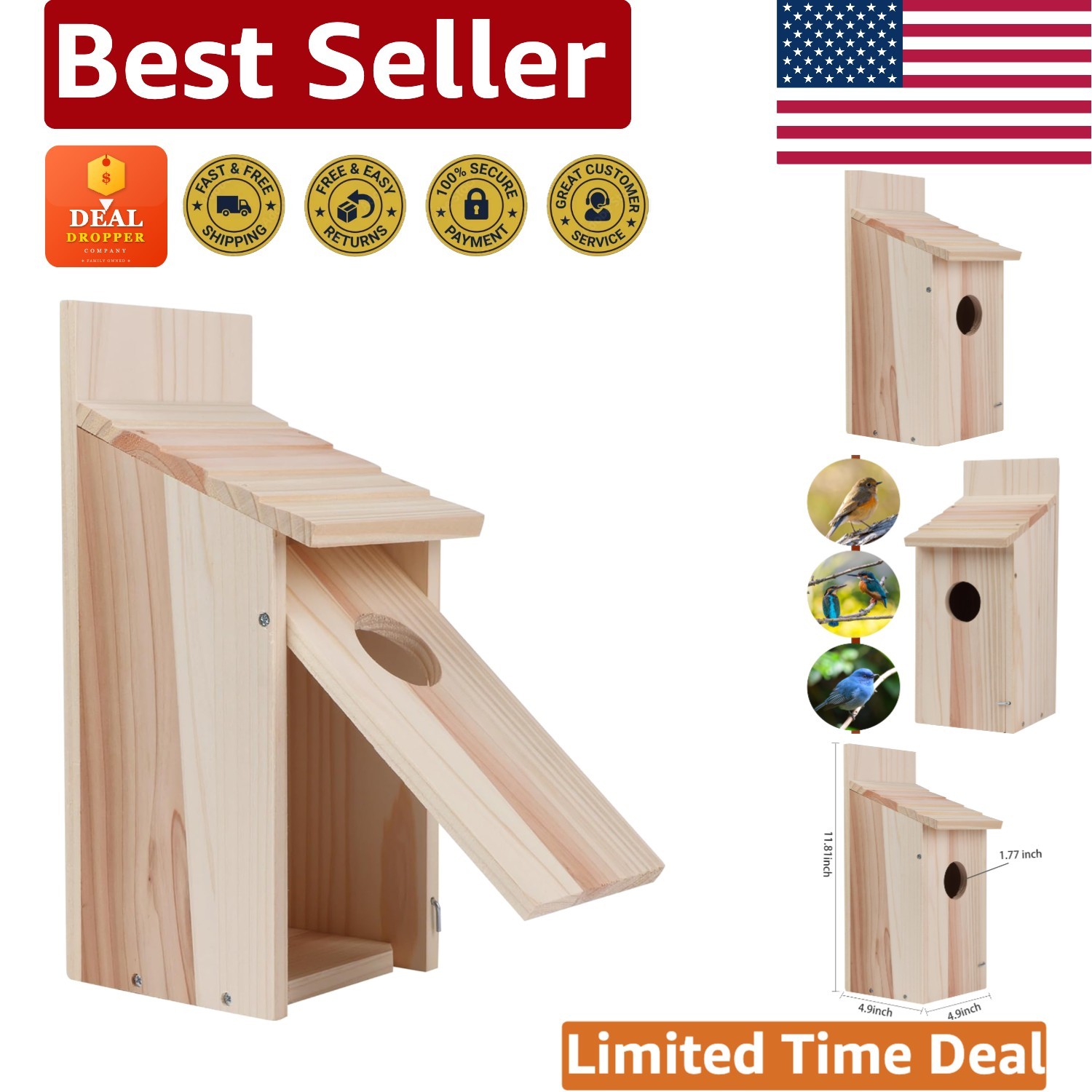DIY Outdoor Birdhouse with Slant Roof - Ideal for Bluebirds & Wren Families