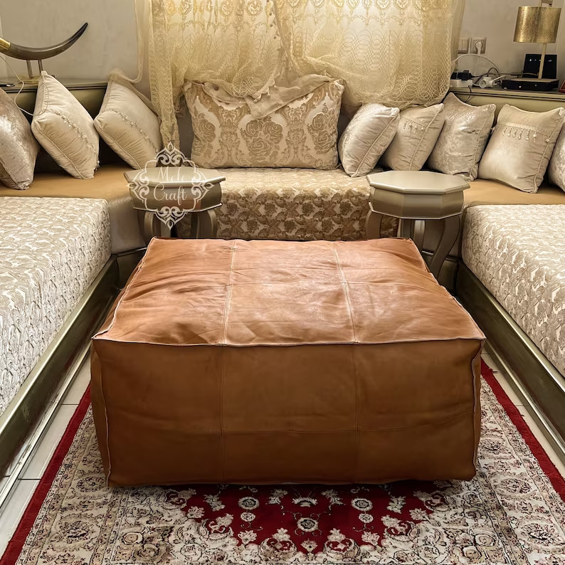 New Brown Square Handstich Unstuffed New Brown Boho Leather Moroccan Pouffe