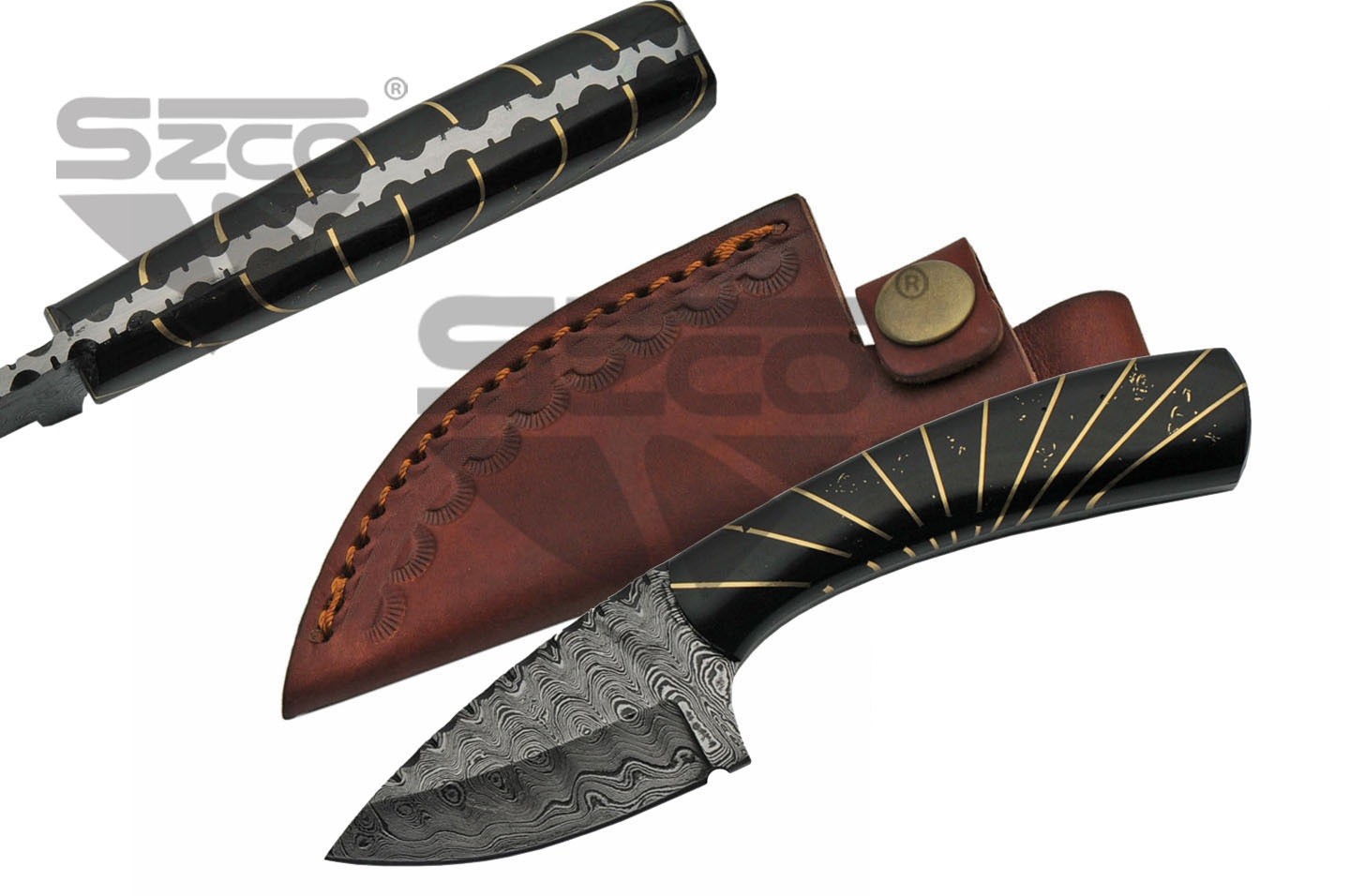 Hunting Knife 3in Damascus Steel Blade Black/Brass Sunburst Handle + Sheath