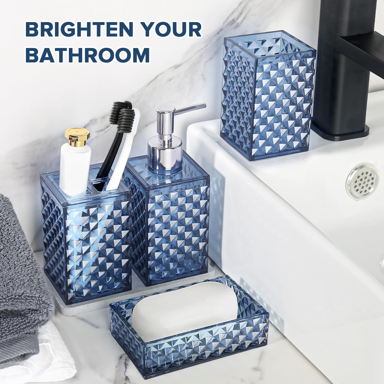Bathroom Set, 4 Pack Blue Acrylic Bath Accessory Sets Complete, Diamond Soap ...