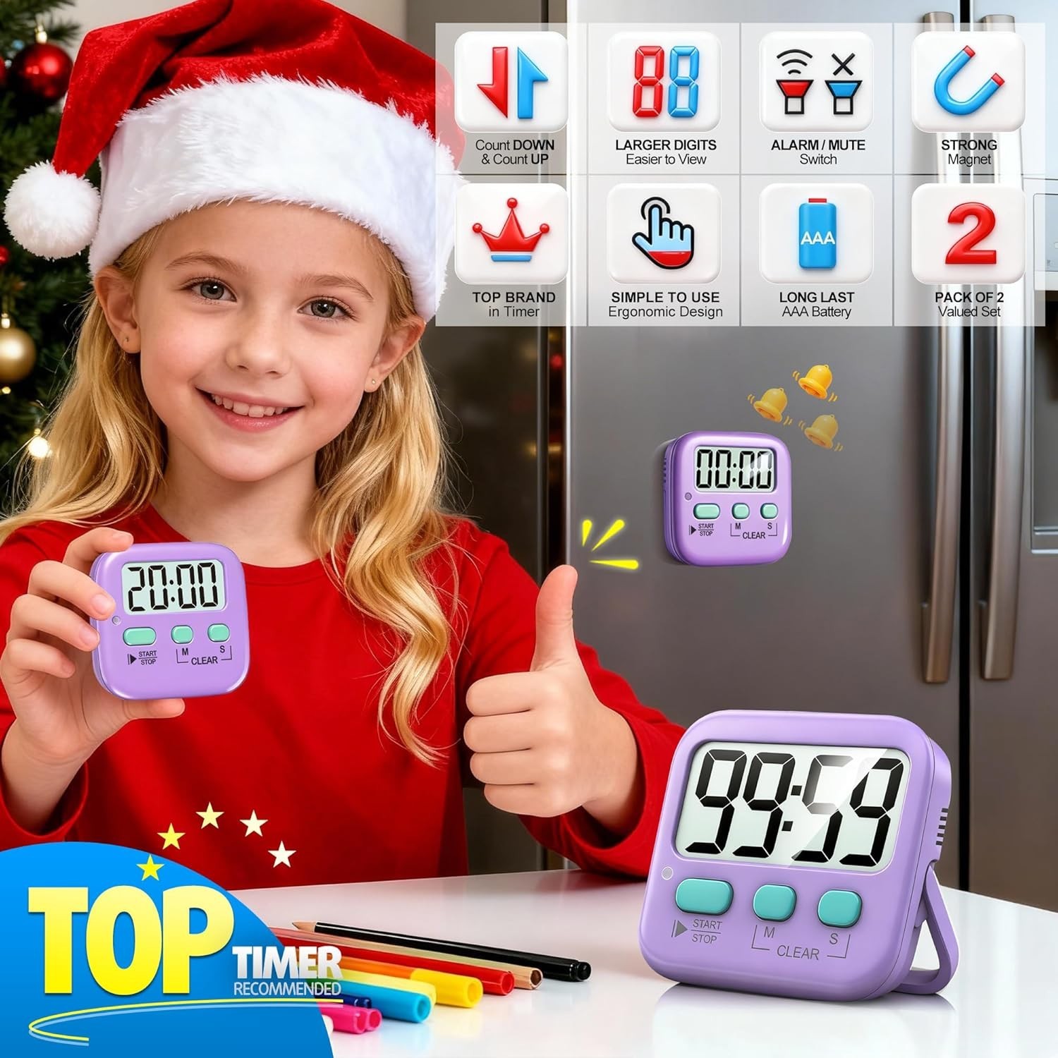 2 Pack Digital Timer for Kids, Magnetic Countdown Kitchen Timers for Cooking,...