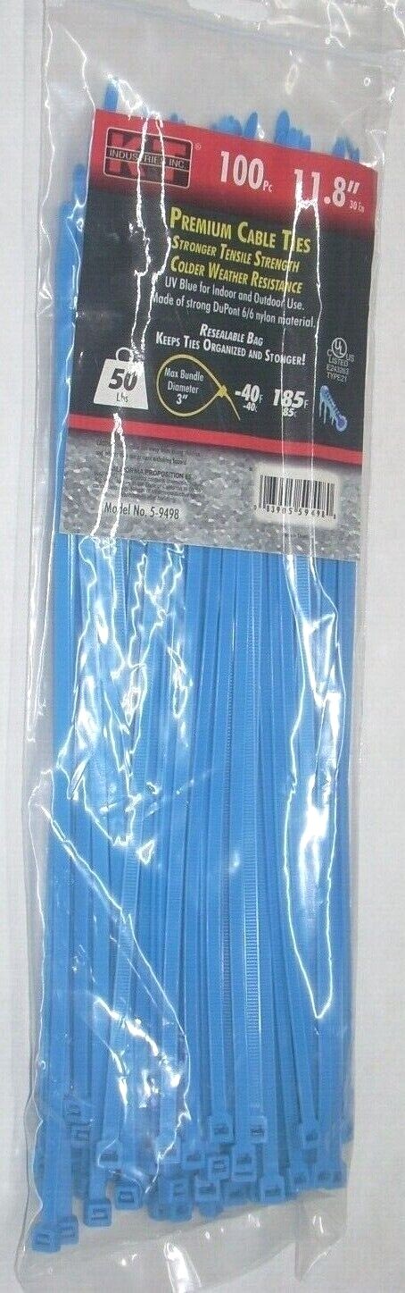 KT Industries 5-9498 Premium Blue Cable Ties 11.8" L 50 lb Cap 100 pk