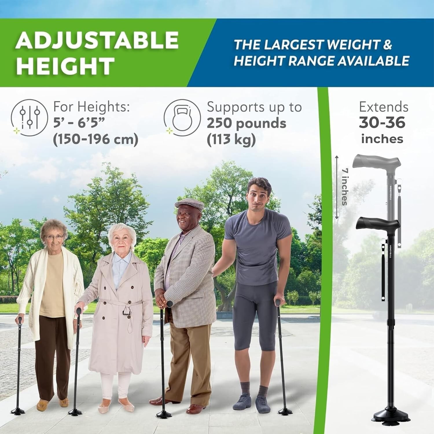 HONEYBULL Foldable Walking Cane Adjustable Free Standing Ergonomic