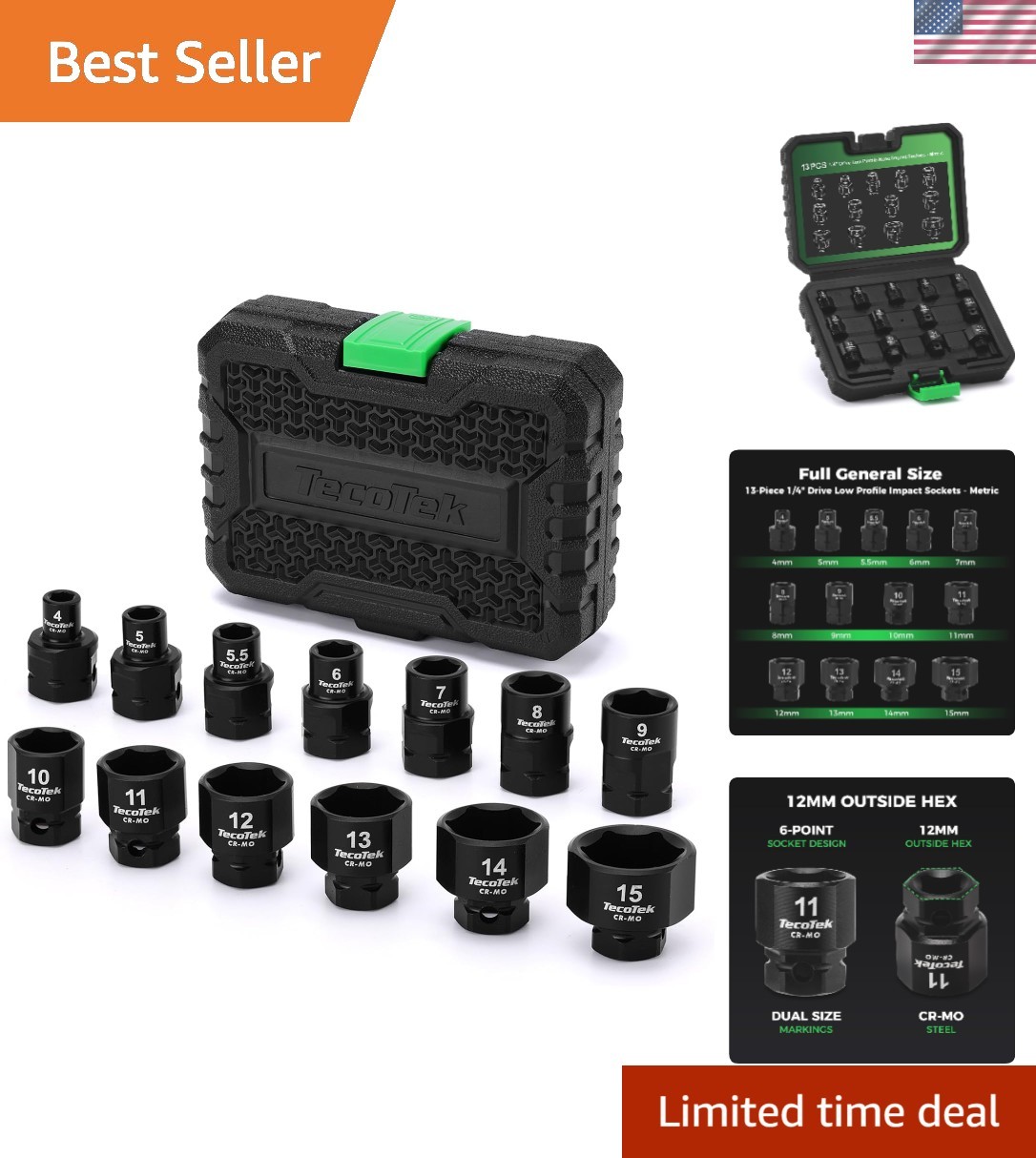 13pc 1/4 Drive Metric Low Profile Impact Socket Set 4mm-15mm Stubby Cr-Mo 6 Poin
