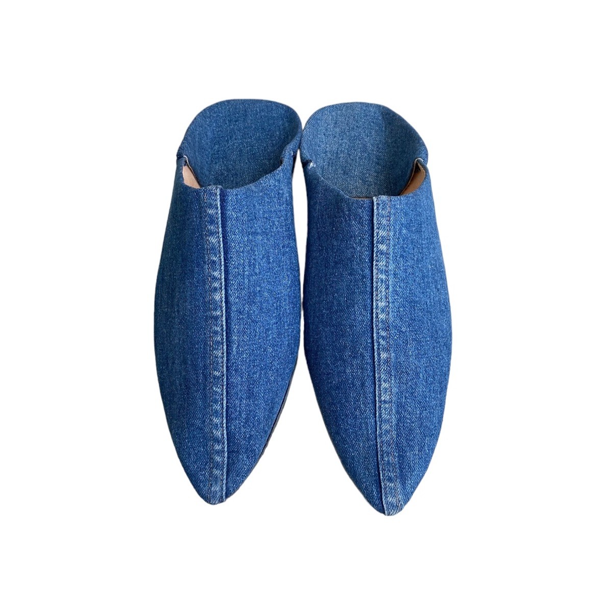 Blue Denim Moroccan Babouches Pointed Toe Leather Lining Handmade