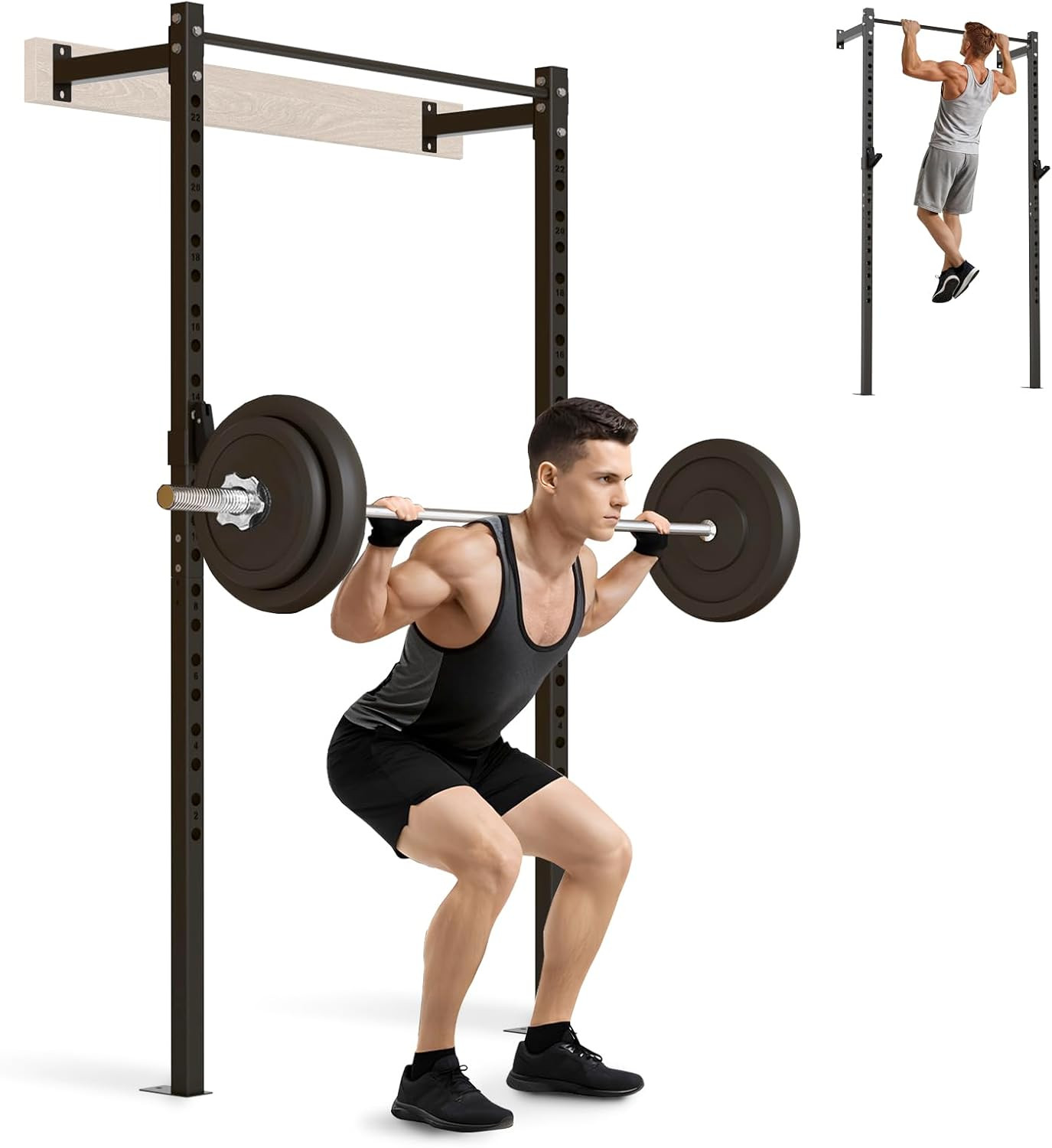Wall Mounted Power Cage, 900Lbs Squat Rack with Pull up Bar for Home Gym, Space-