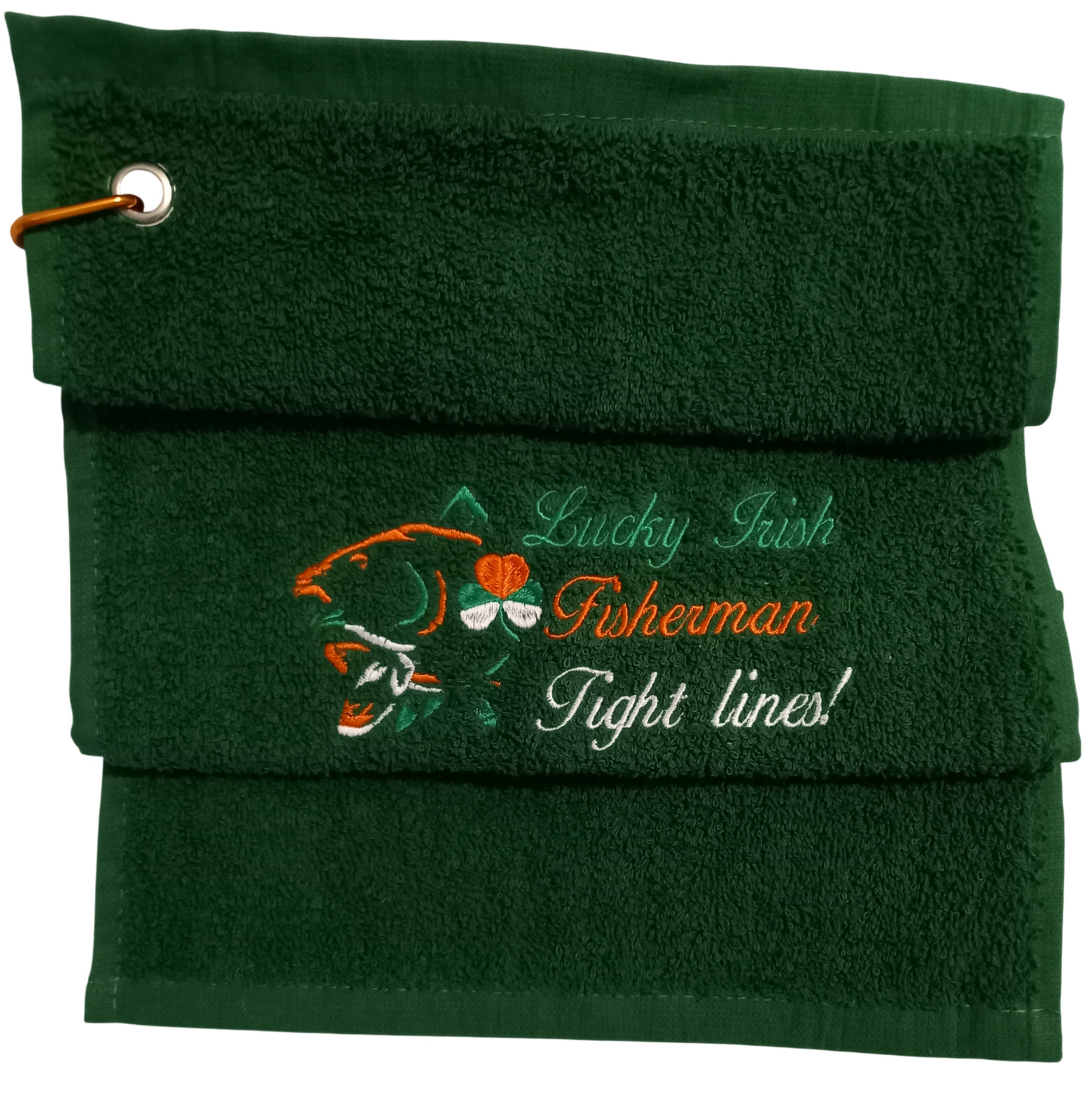 Embroidered Lucky Irish Fisherman Carp  Fishing Towel Tight Lines Green Shamrock