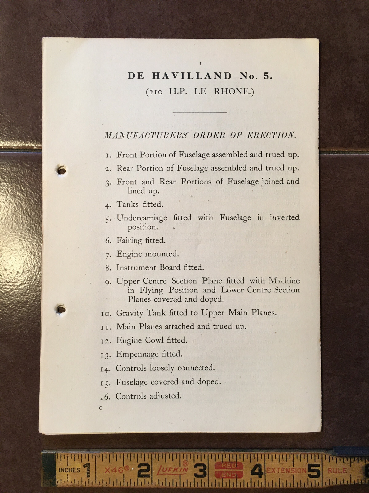 original De Havilland No. 5 with 110hp Le Rhone Erection- Rigging notes.