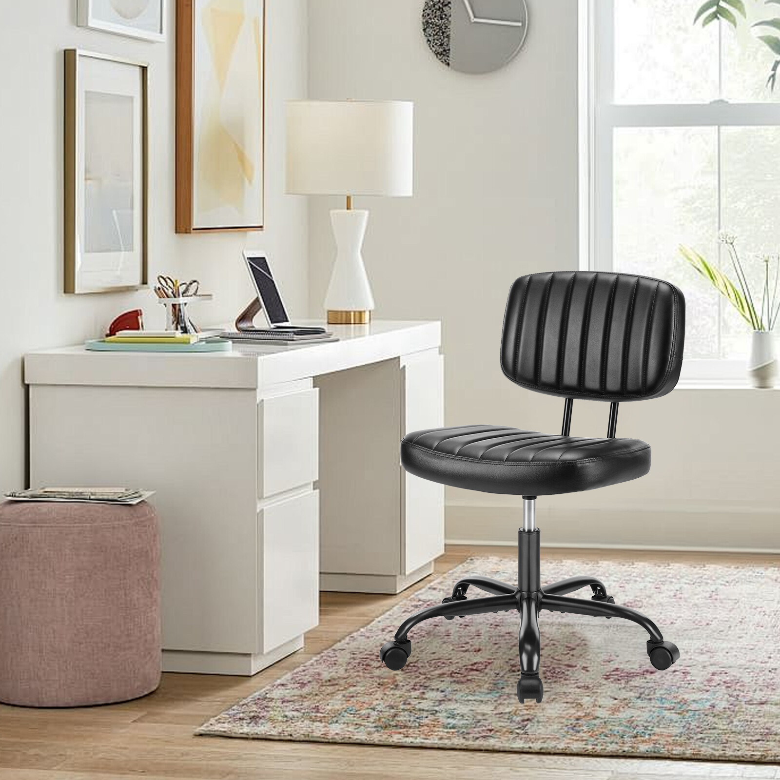 Small Office Chair Armless with Wheel Swivel Height Adjustable Desk Seat Leather