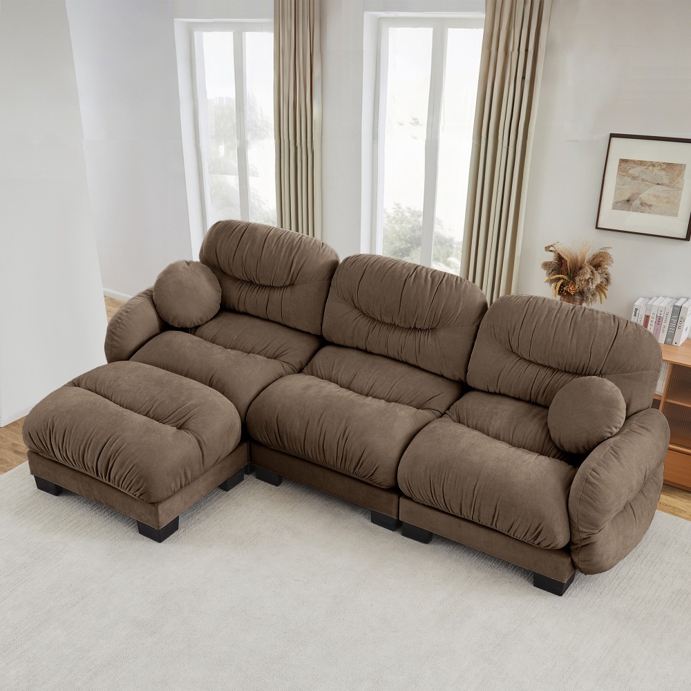 L-Shape Chenille Modular Sectional Sofa 3-Seater w Ottoman Round Pillows
