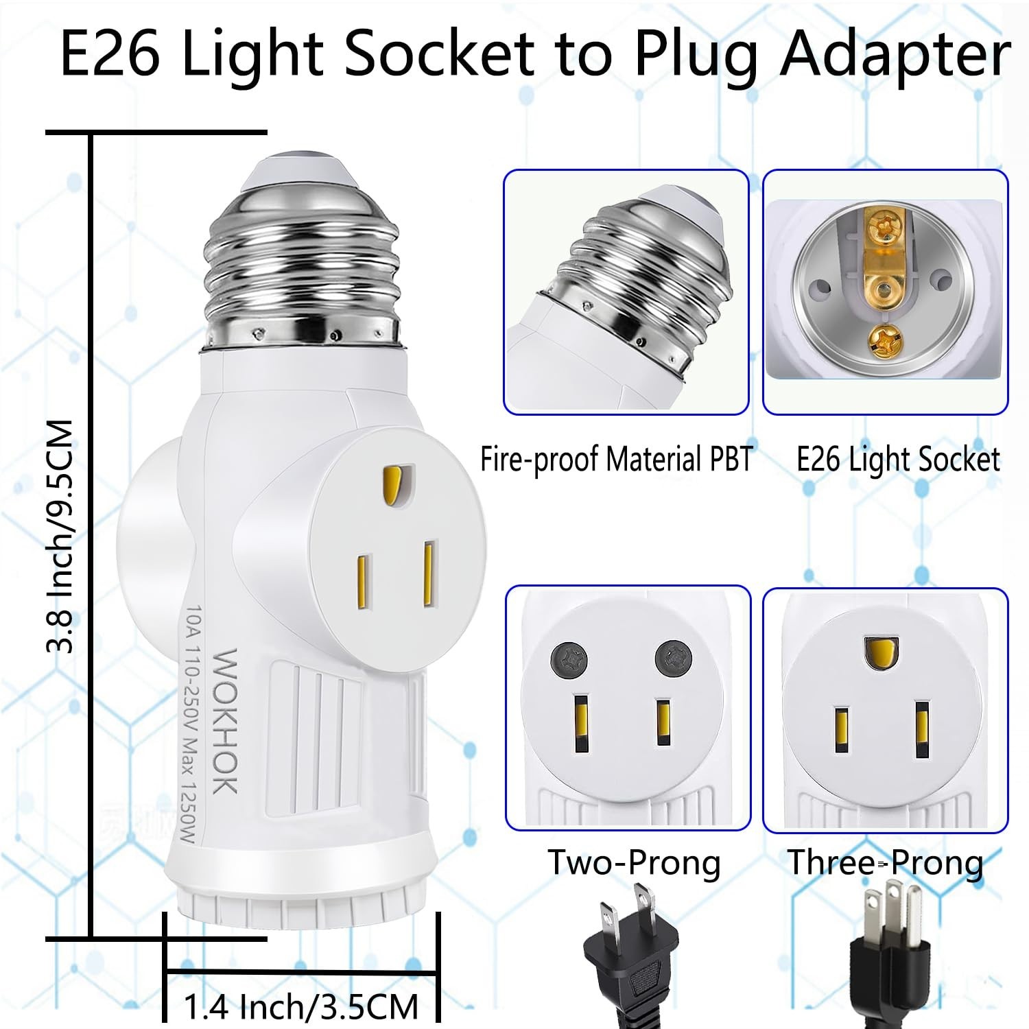 Light Socket to Plug Adapter,Convert E26 Light Socket to 2/3 Prong 2 Pack
