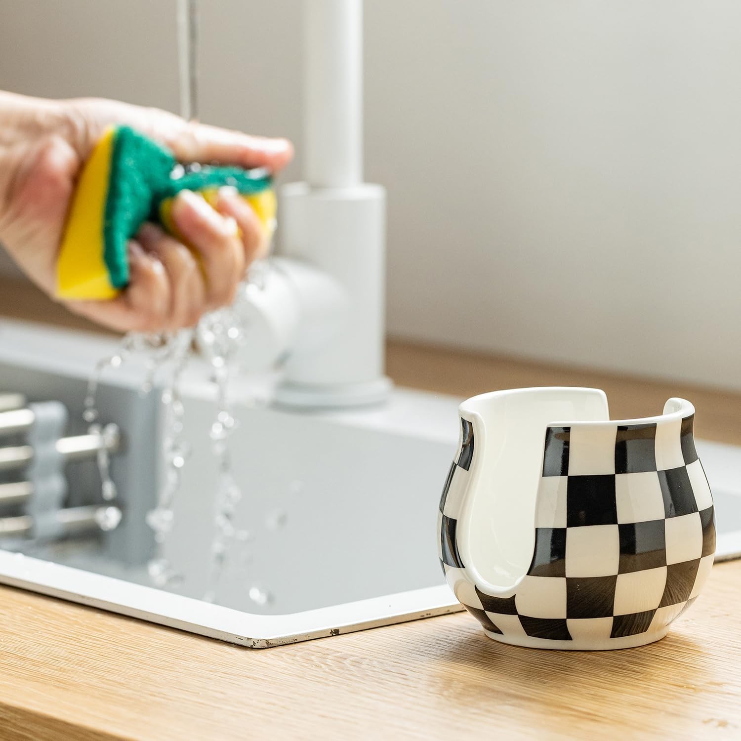 Checkered Sponge Holder for Kitchen Sink, Ceramic Dish Sponge Dish Rack Scrub...