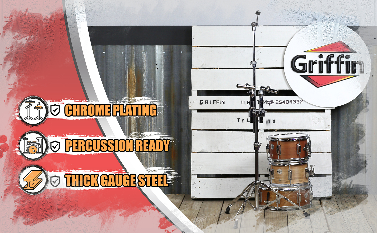 Double Tom Drum Stand - GRIFFIN Cymbal Holder Mount Arm Duel Percussion Hardware