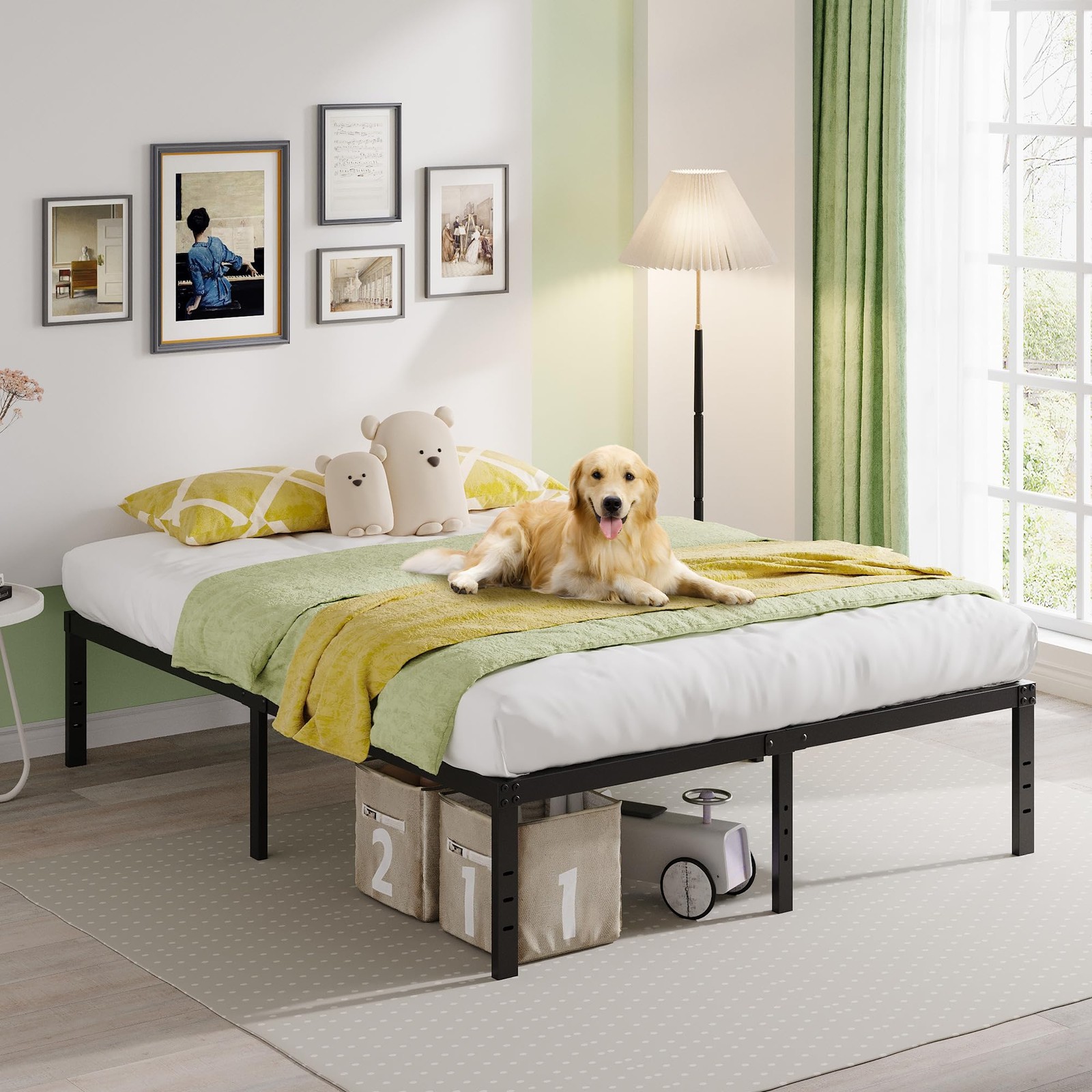 Queen Bed Frame, 18 Inch Metal Platform, No Box Spring, Storage, Black