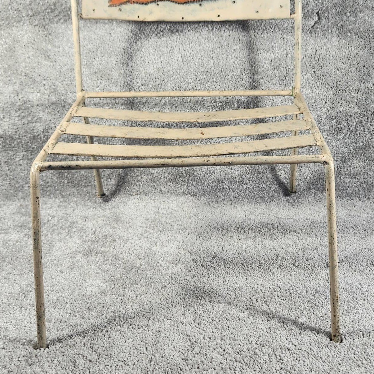 Child's Metal Chair Cream Orange Hand Painted Cat Vintage Whimsical Kids Size