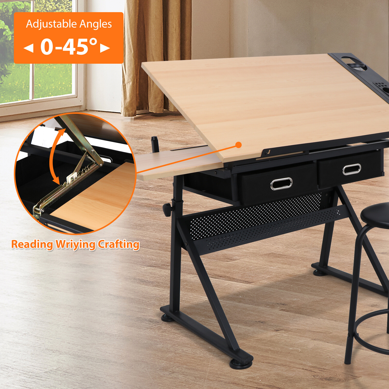 Craft Station Drafting Table W/ Matched Premium Stool Adjustable Height & Angle