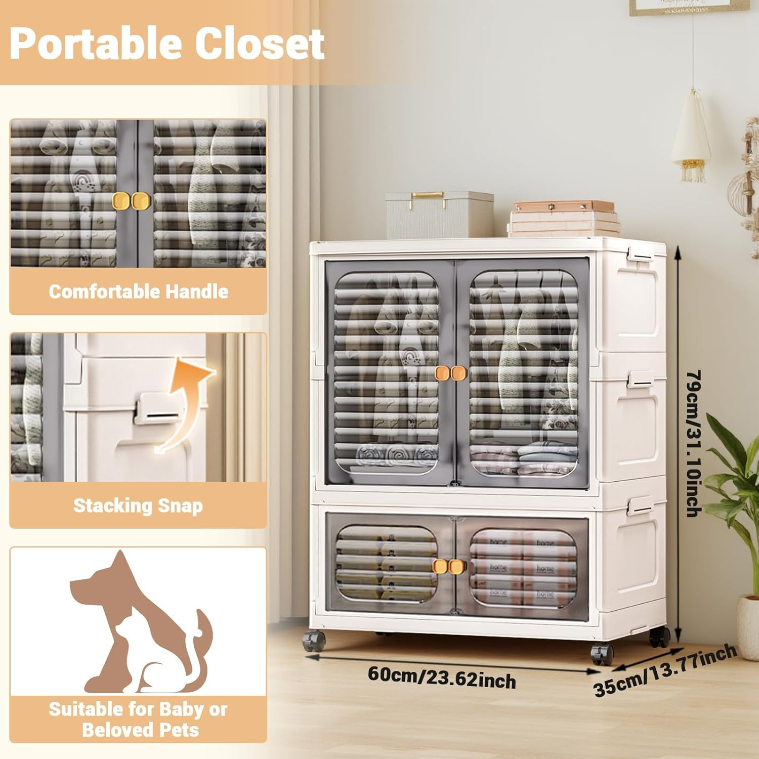 Stackable Storage Bins, Plastic Collapsible Storage Containers with Doors, Wheel
