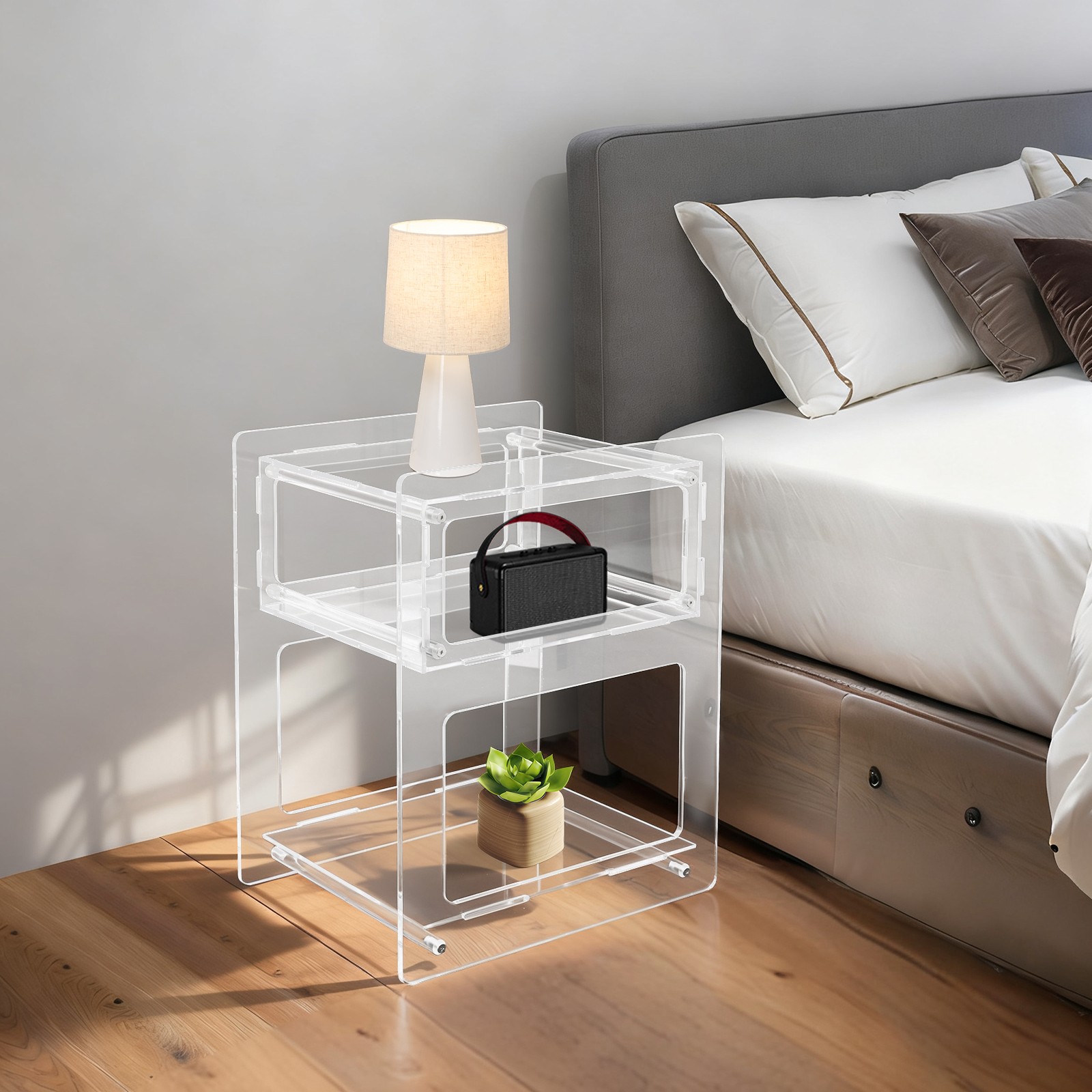 Clear Acrylic Side Table, Acrylic Nightstand, Rectangle Storage Shelf
