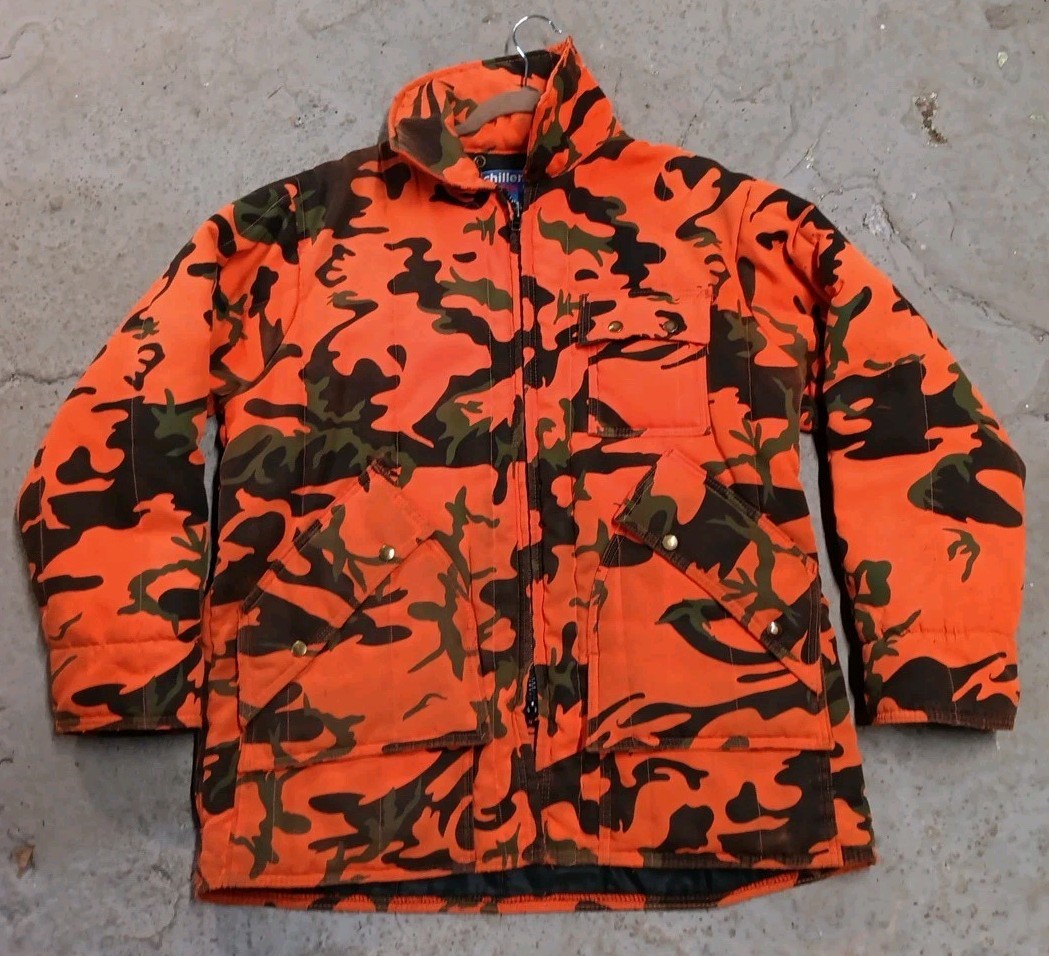 Vintage Saf-T-Bak Chiller Killer Hunting Jacket Orange Camo Mens XL Game Pocket