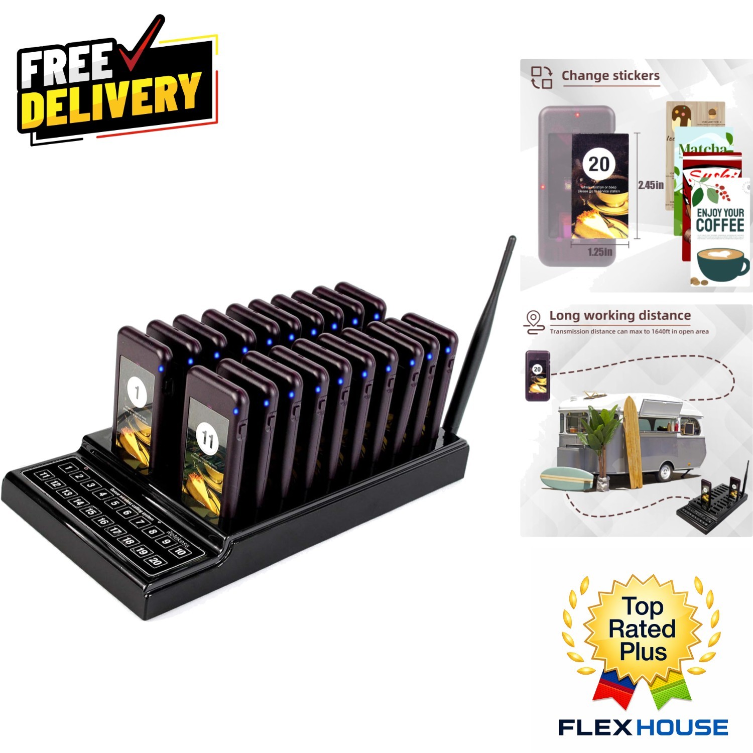 20-Unit Restaurant Buzzer System, 1640ft Wireless Range for Food Trucks & More