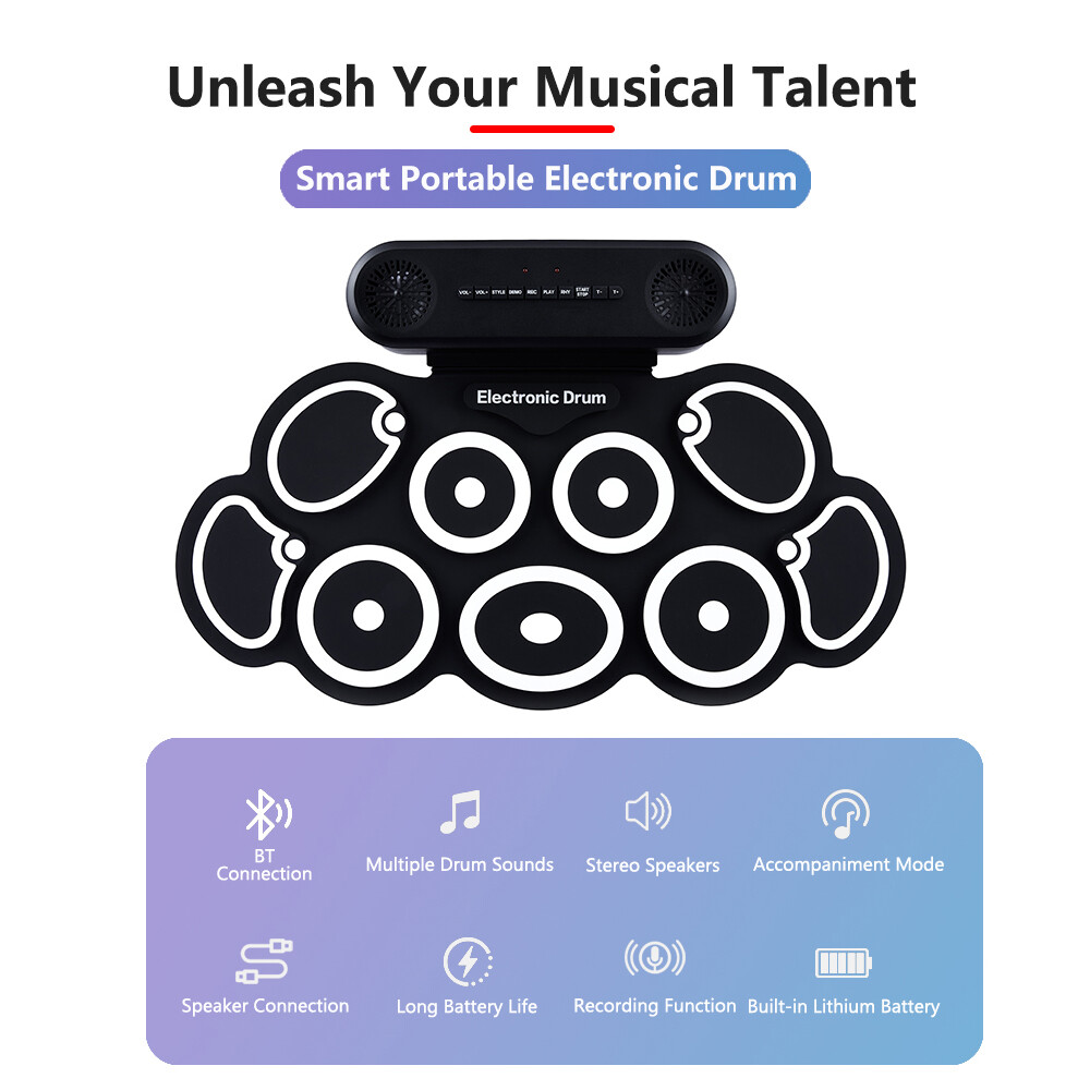 Electronic Drum Set 9 Pads Drum Practice Pad Kit Roll-Up Electric Drum Set