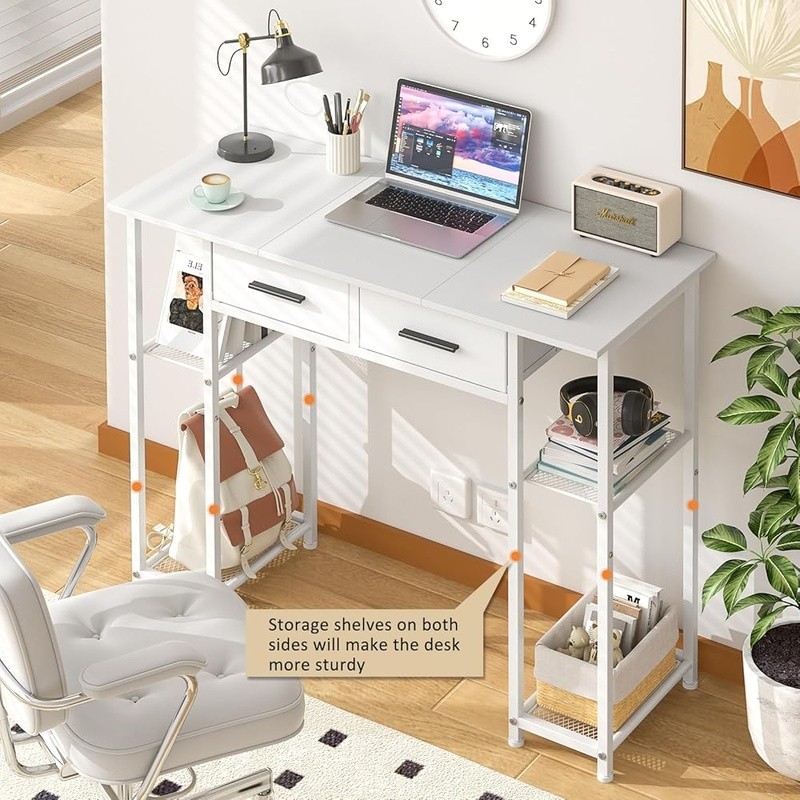 Modern Computer Desk W/ Storage Shelves Fabric Drawers Wood Metal Frame New