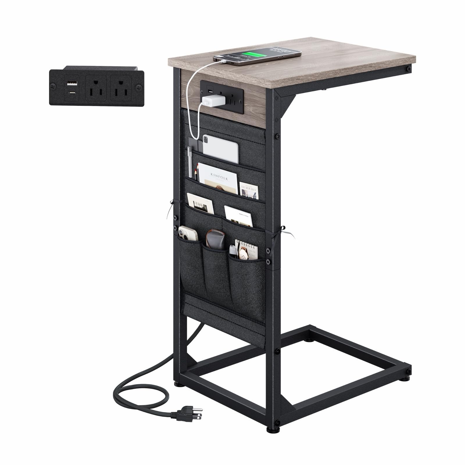 CShaped End Table FastCharging Station Storage Bag Bedside Couch ETGY1
