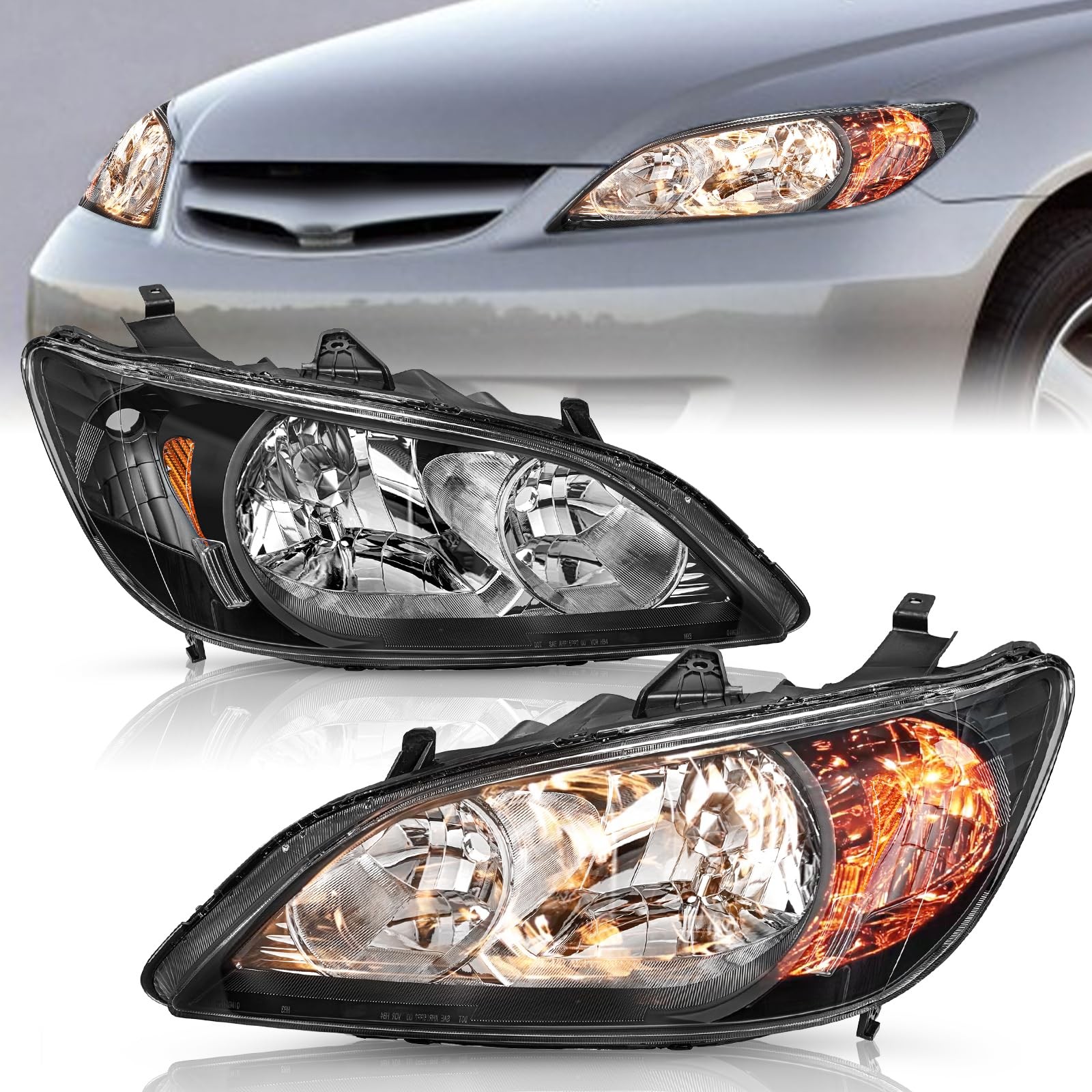 for 2004-2005 Honda Civic Headlight Assembly Set Black Housing Amber Reflector