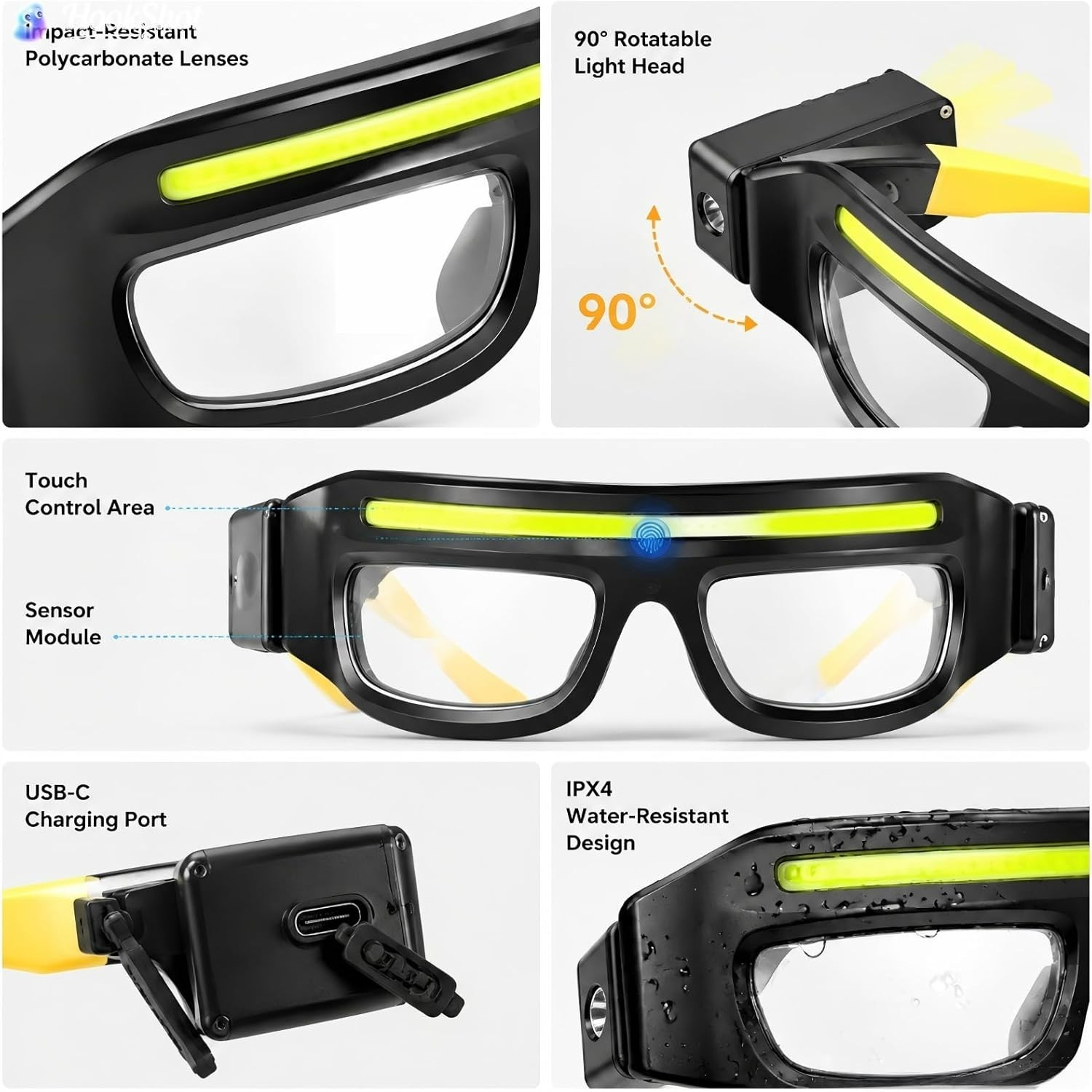 LED Safety Glasses w/ Lights Rechargeable Headlight Touch Control Hands-Free