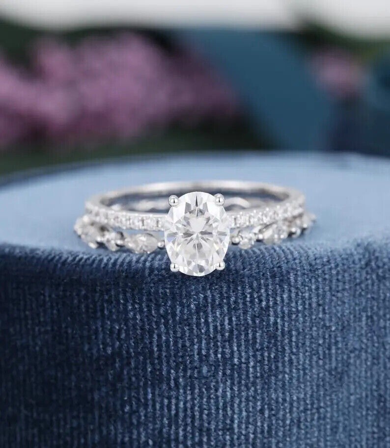 2.70 Ct Oval Cut Lab-Created Diamond Engagement Ring Set 14K White Gold Finish